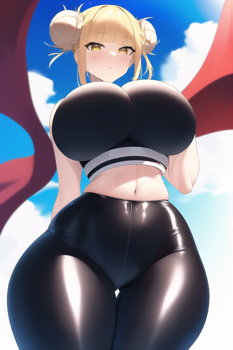 1girls, 2022, ai generated, big breasts, blonde hair, breasts, female, female only, gym uniform, himiko toga, huge breasts, latex, looking at viewer, looking down, my hero academia, shiny clothes, stable diffusion, thick thighs, tight clothes, tight clothing, wide hips