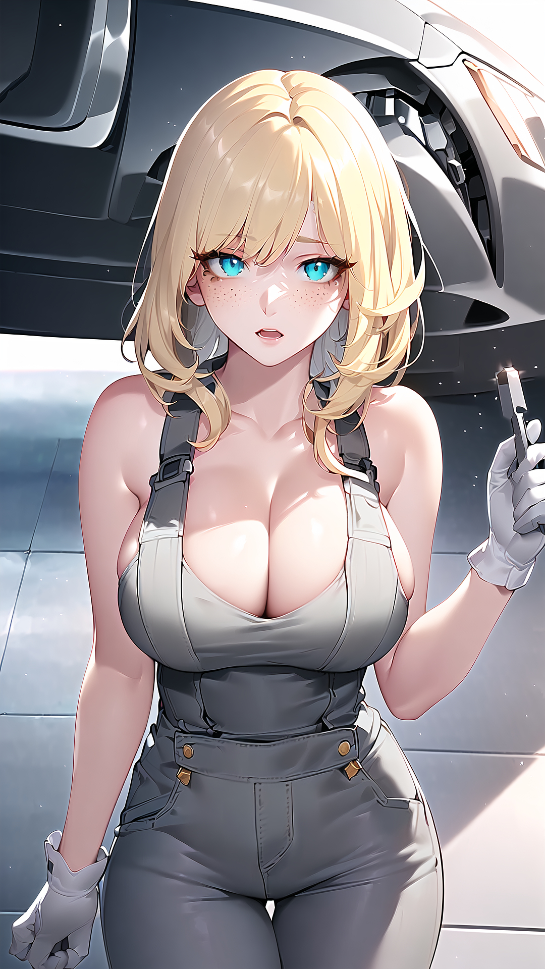 1girls, 2022, ai generated, big breasts, breasts, cleavage, curvy body, curvy figure, female, female focus, female only, long hair, mechanic, original, stable diffusion, tagme