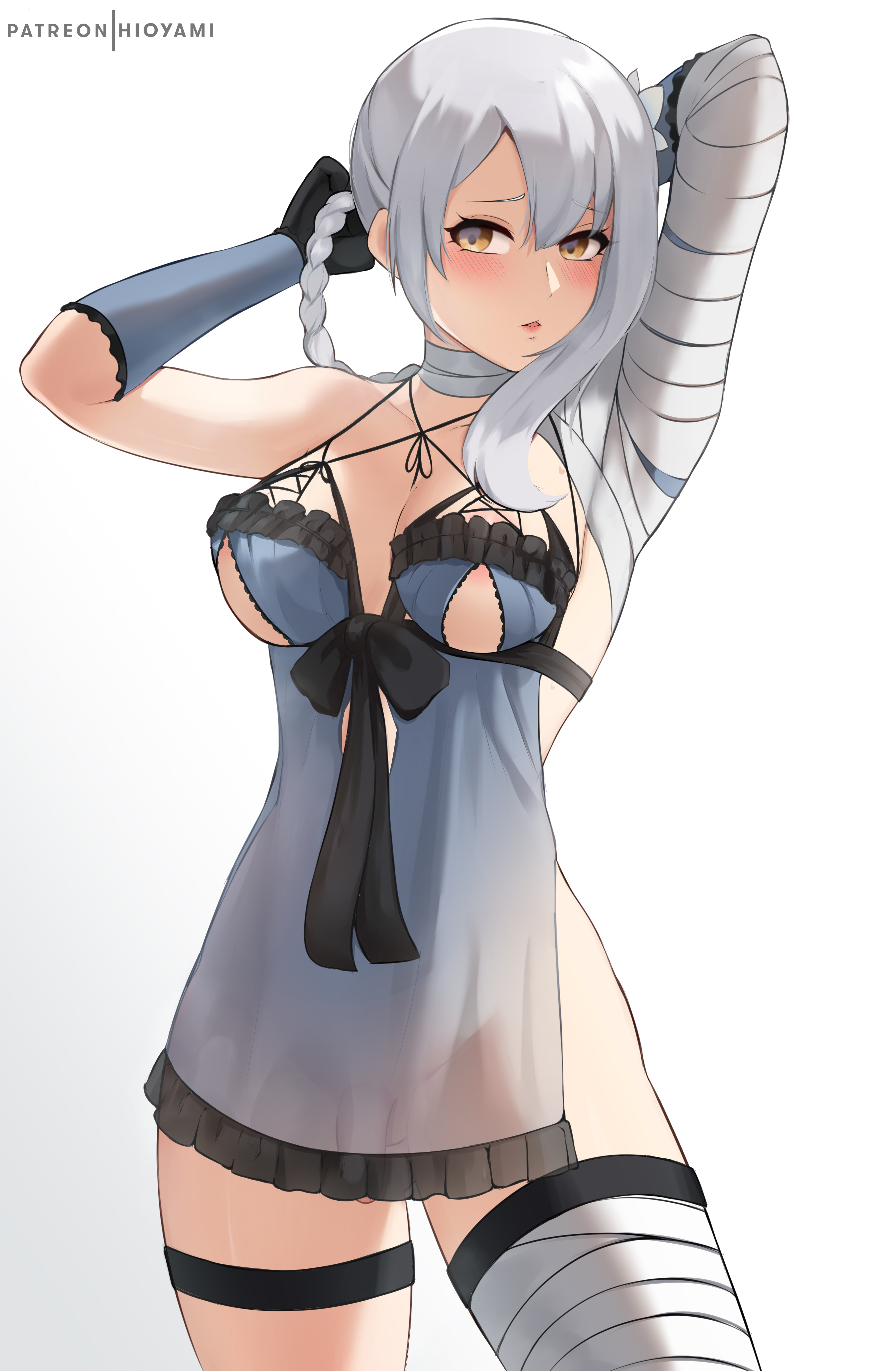 1futa, arm up, balls, big breasts, bottomless, breasts, canon futa, canon intersex, clothed, clothing, flaccid, flaccid penis, futa only, futanari, hioyami, human, intersex, kaine (nier), light skin, light-skinned futa, mostly clothed, nier, nier replicant, pale skin, penis, penis under clothes, see-through, see-through clothing, solo, solo futa, standing, testicles, white background, white hair