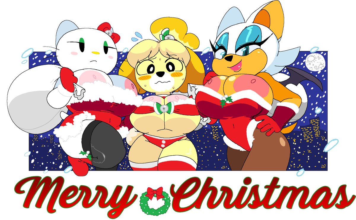 animal crossing, big breasts, big nipples, breasts, breasts out, cassettedream, christmas, crossover, dream-cassette, female, hello kitty, hello kitty (character), hello kitty (series), hoshime, huge areolae, huge breasts, huge nipples, isabelle (animal crossing), kitty white, mob face, nintendo, nipple slip, rouge the bat, sanrio, sega, sonic (series), sonic the hedgehog, sonic the hedgehog (series), tagme