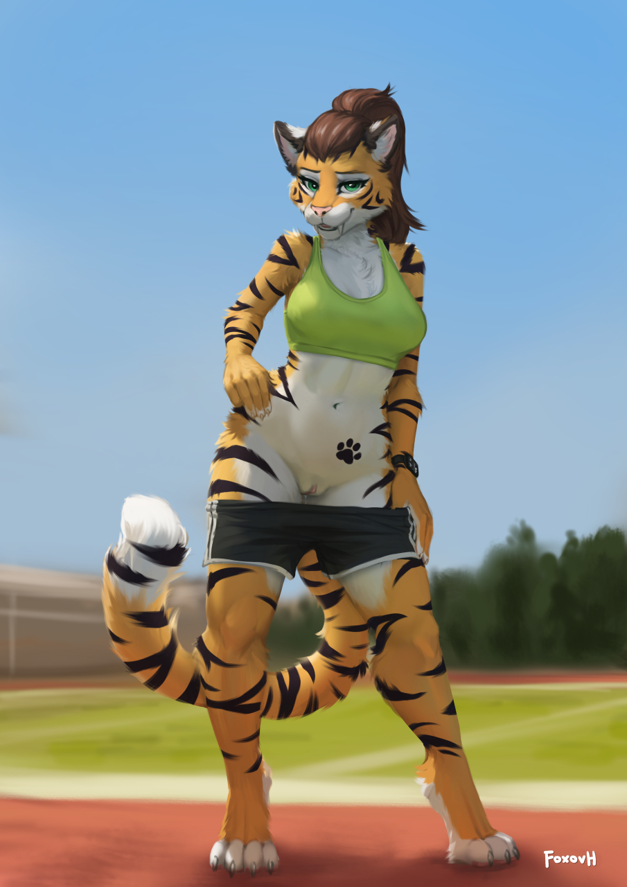 4_toes alex_marx anthro athletic_wear big_breasts biped bottomwear breasts brown_hair claws clothing cocked_hip countershade_face countershade_thighs countershade_torso countershading digitigrade fangs feet felid female foxovh fur genitals gym_bottomwear gym_clothing gym_shorts hair hi_res mammal markings pantherine ponytail pussy shorts solo striped_body striped_fur striped_markings striped_tail stripes tail_markings teeth tiger toes topwear undressing