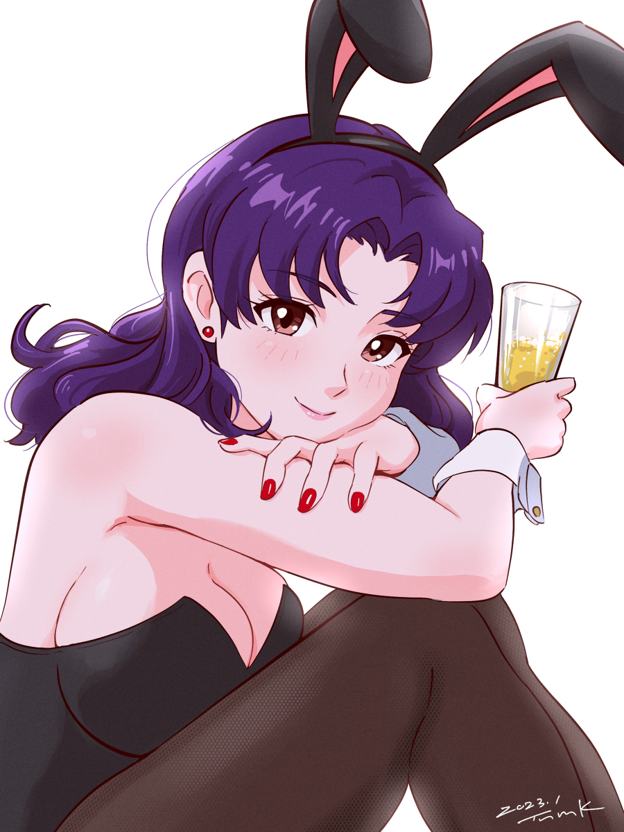 1girls breasts bunny_ears bunnysuit champagne champagne_flute female_only fully_clothed large_breasts looking_at_viewer misato_katsuragi neon_genesis_evangelion purple_hair solo solo_female tagme tsunemoku