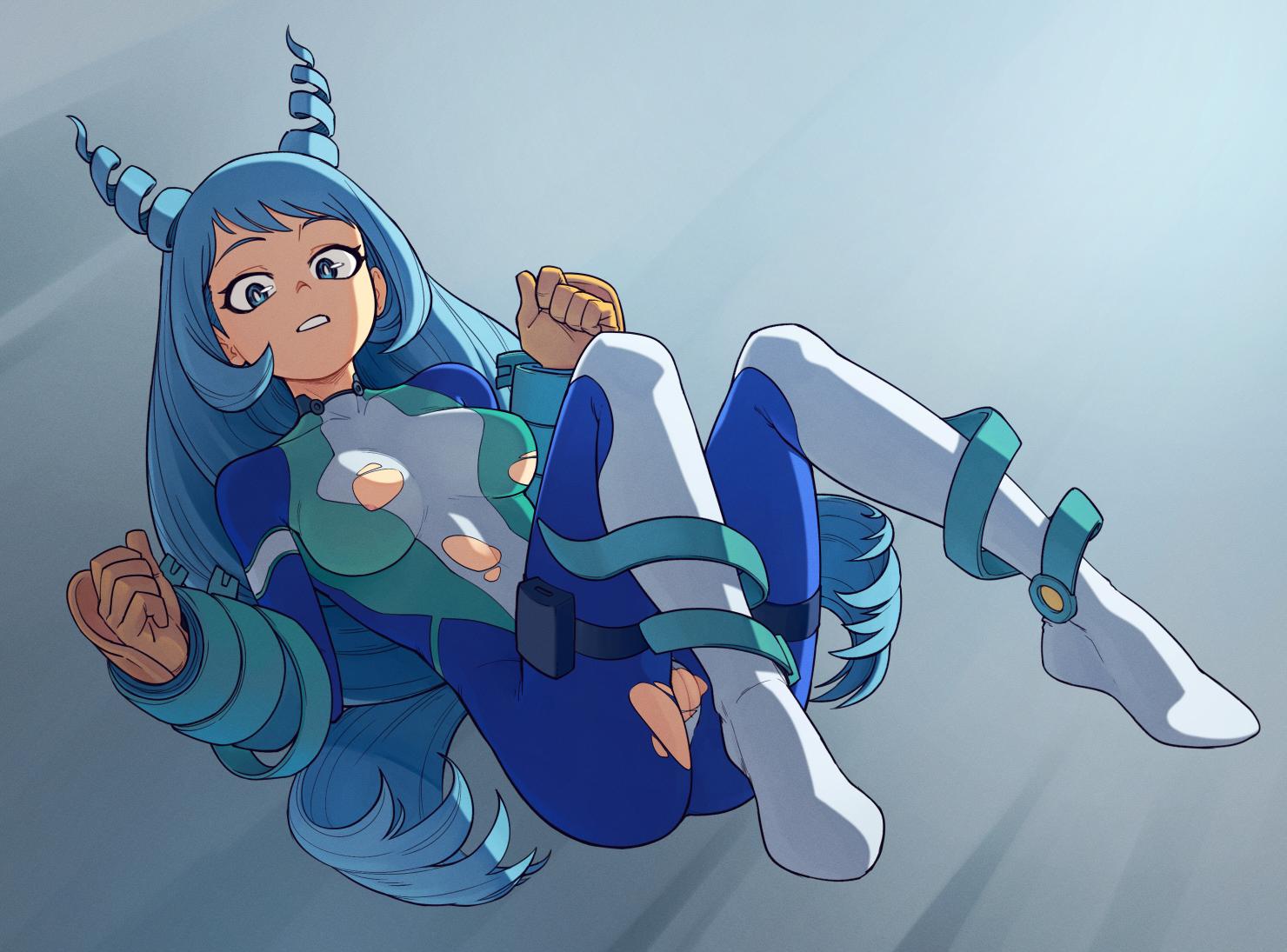 1girls, ass, blue eyes, blue hair, blue-haired female, bodysuit, boku no hero academia, breasts, breasts apart, drill hair, female, female human, full body, gloves, hero outfit (mha), human, legs, light skin, light-skinned female, medium breasts, my hero academia, nejire hado, nejire hado (hero outfit), no bra, no panties, no underwear, on back, open clothes, pussy, skin tight, solo, suoiresnu, superhero costume, superheroine, thighs, tight clothing, torn bodysuit, torn clothes