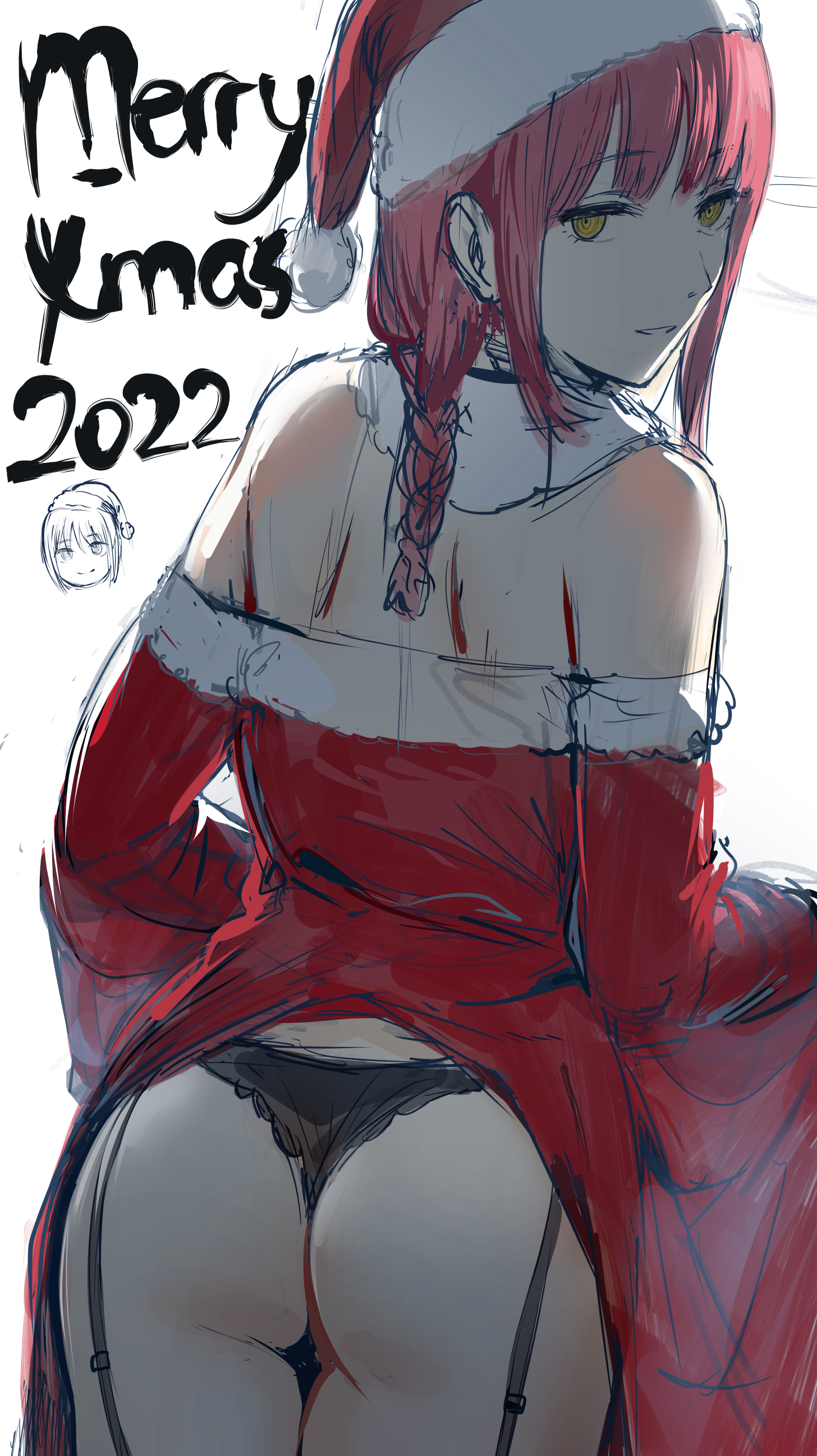 1girls, 2022, ass, bangs, bare shoulders, black panties, braid, braided ponytail, chainsaw man, christmas, clothes lift, dress, dress lift, english text, female, fur trim, garter straps, hat, hews hack, long hair, long sleeves, looking at viewer, looking back, makima (chainsaw man), mappa, merry christmas, panties, parted lips, red dress, red hair, red headwear, red-haired female, ringed eyes, santa hat, shonen jump, shueisha, simple background, sketch, underwear, weekly shonen jump, welck