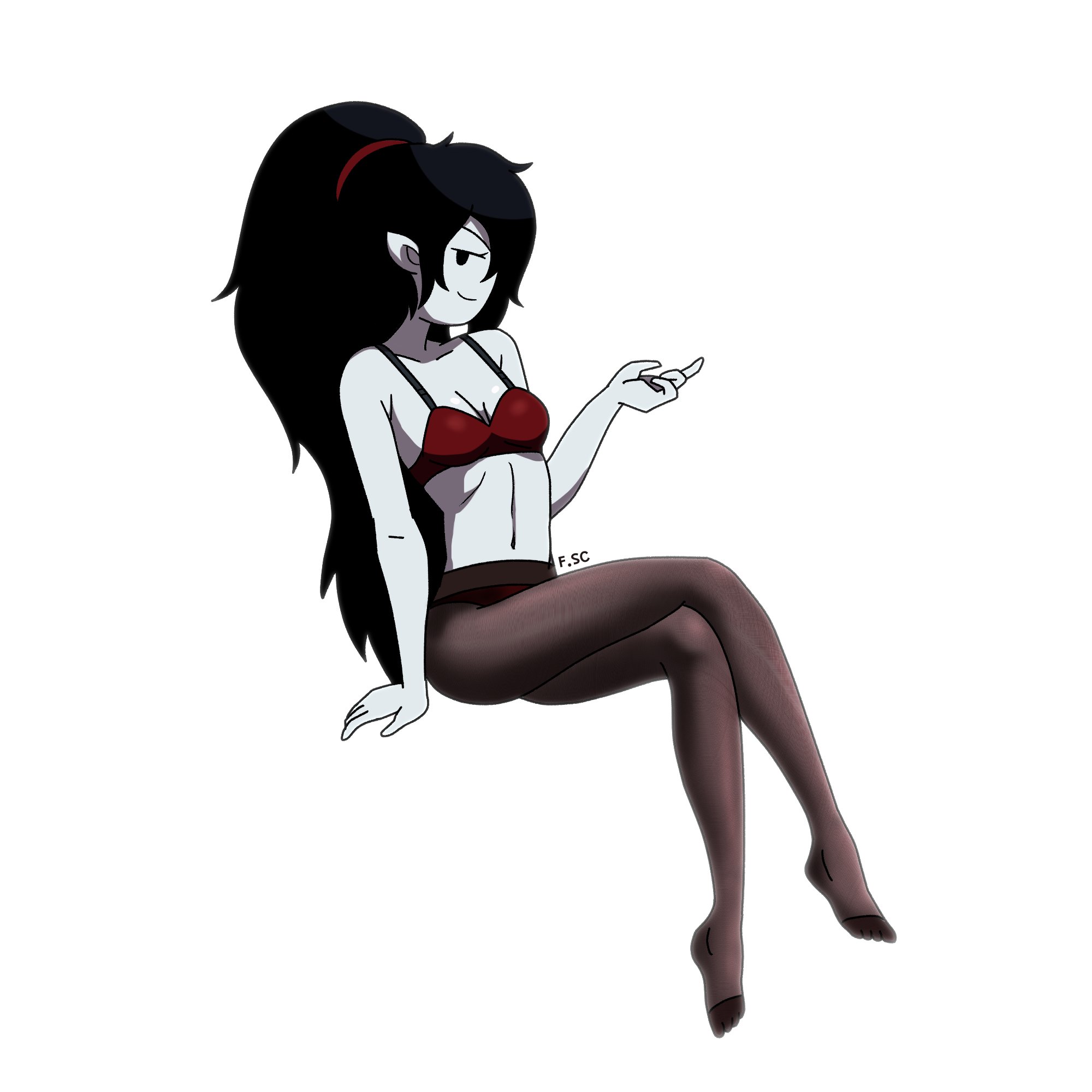 2022, adventure time, black hair, bra, breasts, cartoon network, cleavage, female, female only, fizzyspidercider, grey body, looking at viewer, marceline, mob face, pale skin, pantyhose, ponytail, red bra, simple background, vampire