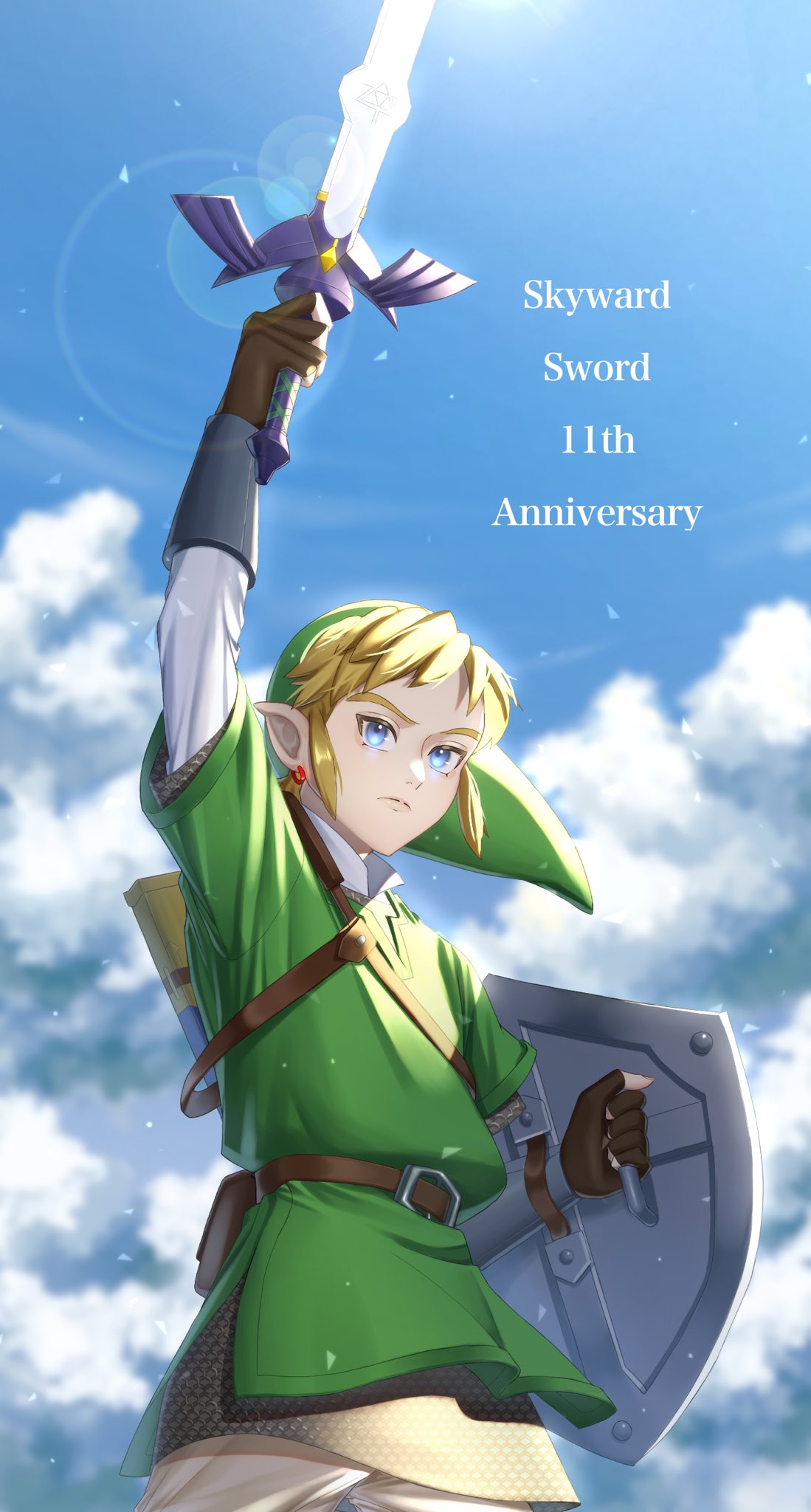 1boy anniversary arm_up belt blonde_hair blue_eyes blue_sky closed_mouth cloud cloudy_sky earrings fully_clothed gloves green_tunic hat highres holding holding_sword holding_weapon jewelry jimaku link link_(skyward_sword) male_focus male_only master_sword non-nude sky skyward_sword solo sword the_legend_of_zelda weapon