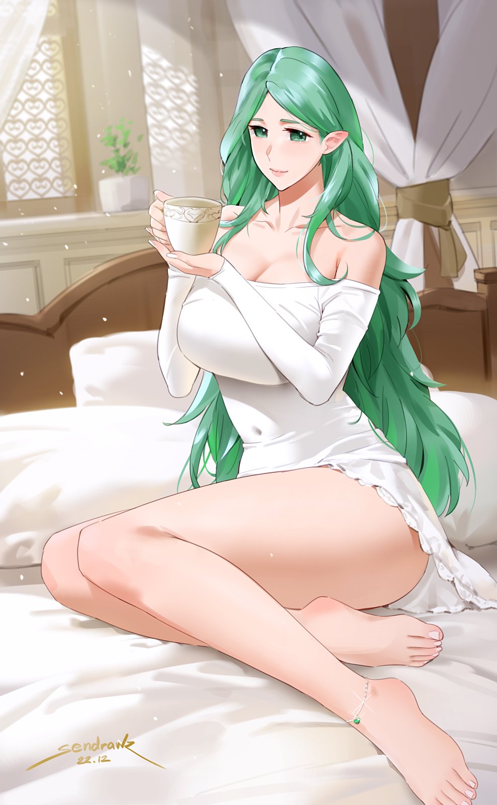 1girls, bangs, bare shoulders, barefoot, blush, breasts, cleavage, collarbone, dress, female, female only, fire emblem, fire emblem: three houses, green eyes, green hair, highres, large breasts, legs, long hair, looking at viewer, more at source, nintendo, off shoulder, off-shoulder dress, parted bangs, pointy ears, rhea (fire emblem), sendrawz, short dress, solo, thighs, white dress