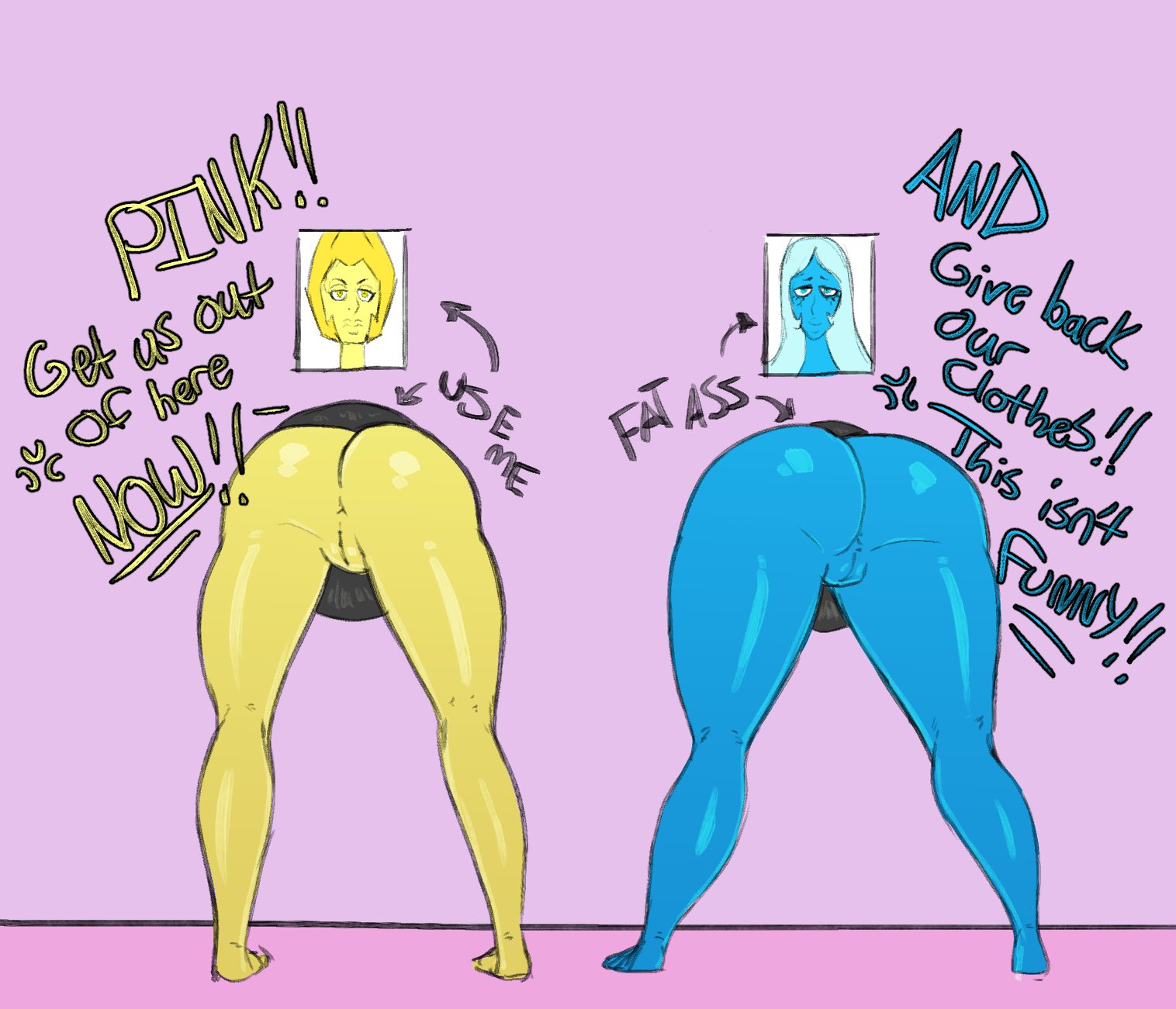 2d, ass, bent over, big ass, blue diamond (steven universe), blue skin, blue-skinned female, cartoon network, diamond authority, female, forced, gem (species), glory hole, glory wall, guillion (toshkarts), presenting hindquarters, public, public nudity, public use, steven universe, stuck, thick thighs, through wall, yellow diamond (steven universe), yellow skin, yellow-skinned female