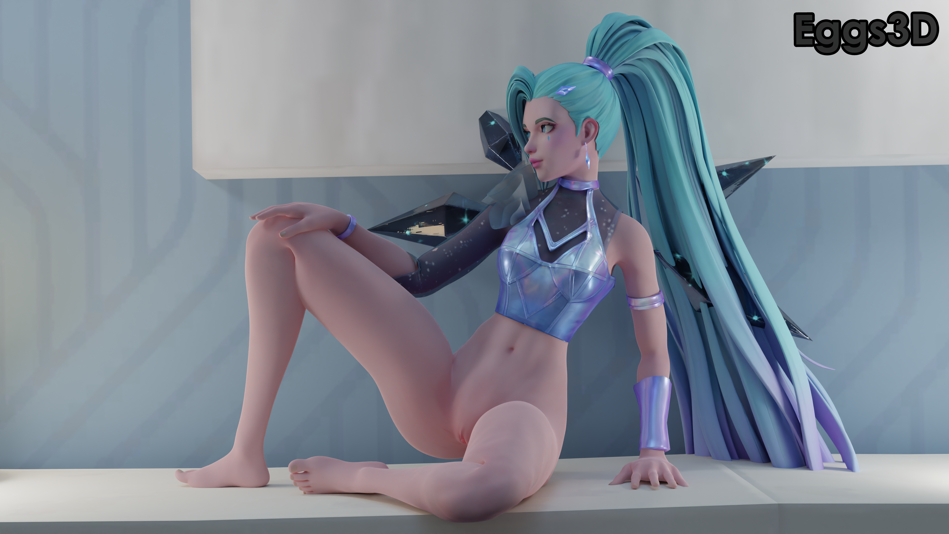 1girls, blue hair, bottomless, eggsnsfw, feet, female, half-dressed, k/da all out seraphine, k/da all out series, k/da series, league of legends, pussy, riot games, seraphine (league of legends), sitting, toes, vagina