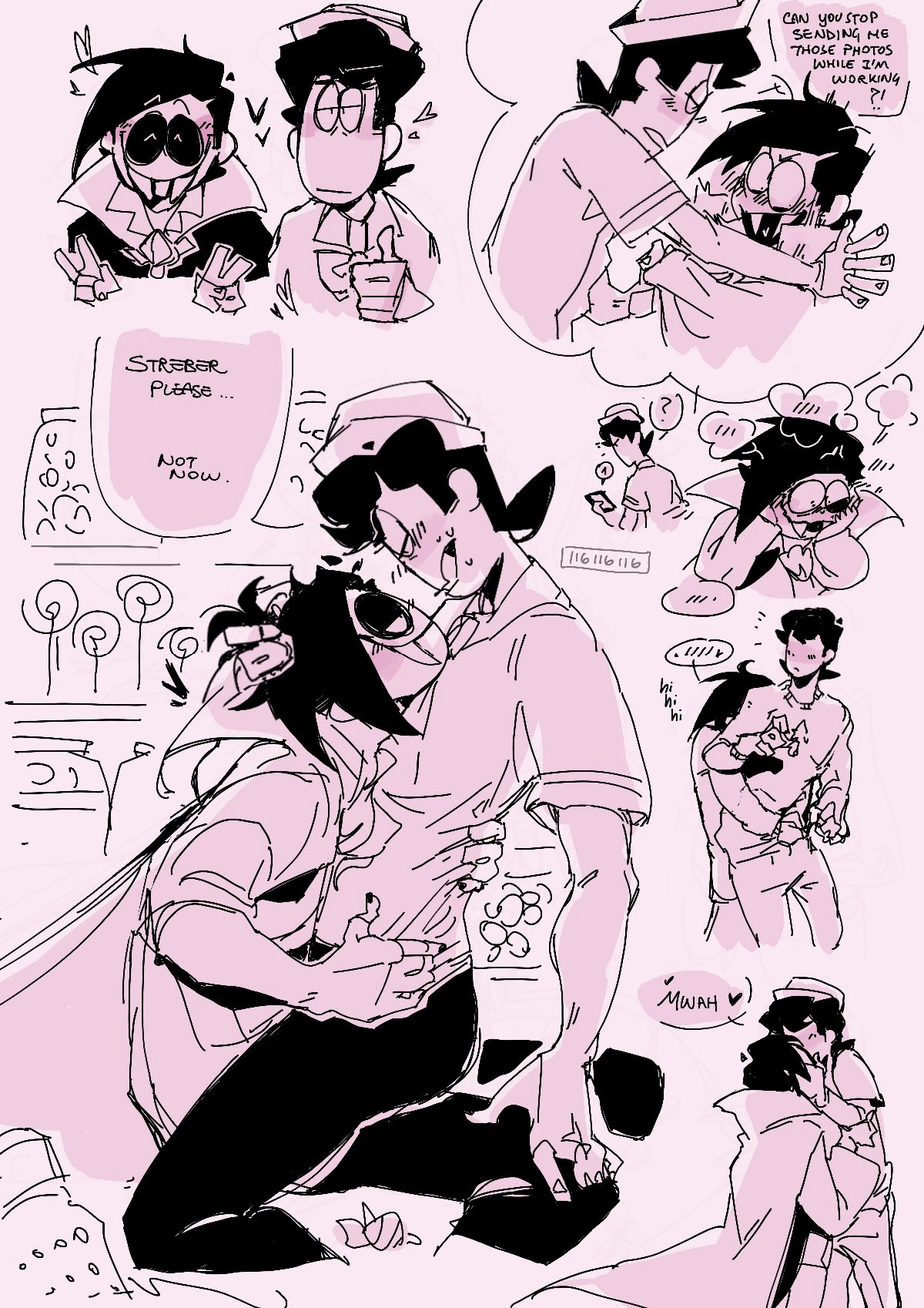 ?, 116116116el, 2boys, black hair, flirting, hands on waist, hearts around head, hug from behind, kevin (spooky month), kissing, male, public, spooky month, streber (spooky month), teasing, text, text bubble, thinking, thinking of someone else, yaoi