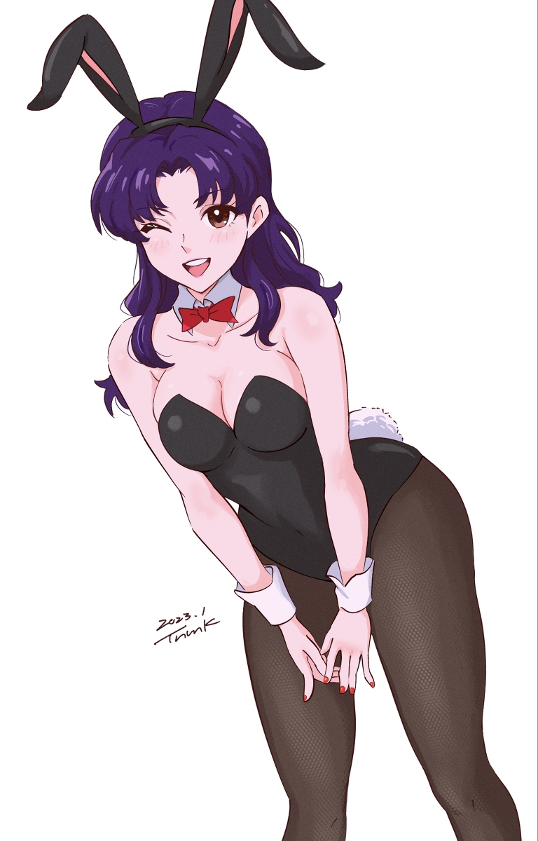 1girls 2023 breasts bunny_ears bunnysuit female female_only fully_clothed large_breasts misato_katsuragi neon_genesis_evangelion purple_hair solo solo_female tagme tsunemoku winking_at_viewer