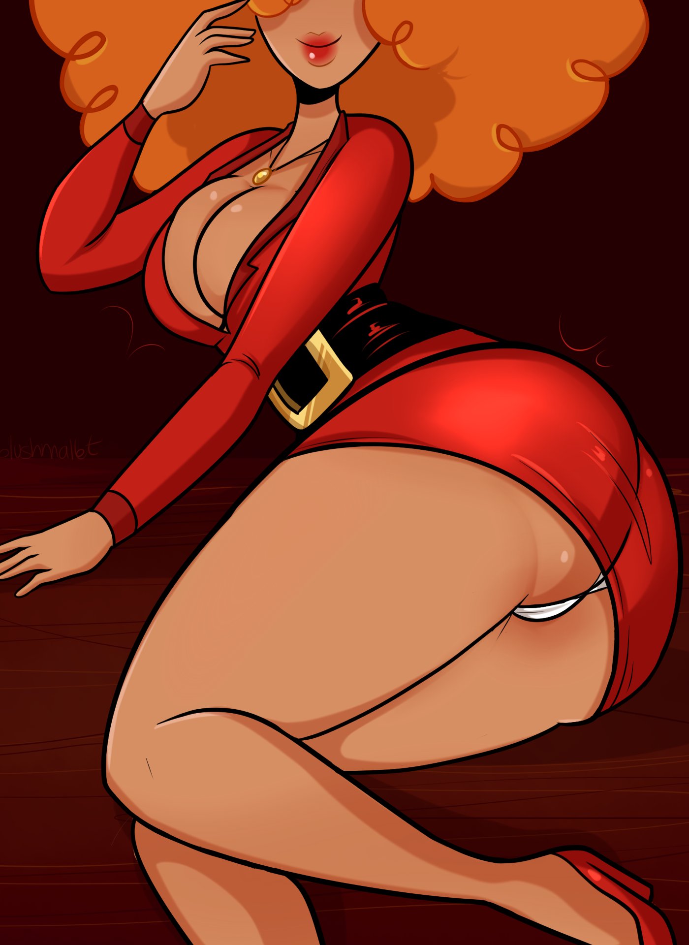 ass blushmallet breasts cartoon_network cleavage clothed_female clothing curly_hair female female_focus female_only high_heels orange_hair panties powerpuff_girls red_dress red_lips red_lipstick sara_bellum thick_thighs thighs underwear white_panties