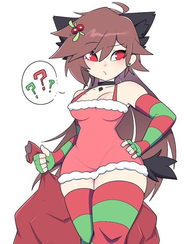 animation_meme_community arm_warmers bag choker christmas cry_(crydiaa) crydiaa hair_ornament red_eyes thick_thighs thighhighs wolf_ears