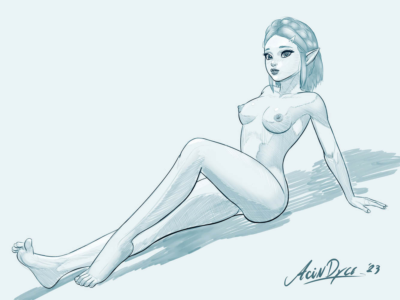 acindyce_(artist) barefoot nude nude_female pin_up princess_zelda reclining short_hair sketch small_breasts tears_of_the_kingdom the_legend_of_zelda toes zelda_(tears_of_the_kingdom)