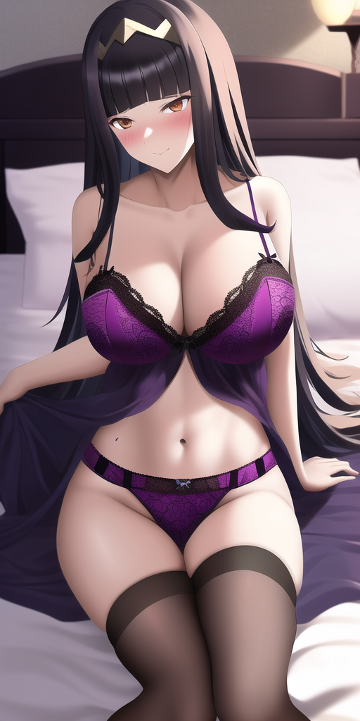 1girls ai_generated anime_lingerie black_hair breasts brown_eyes female female_only fire_emblem fire_emblem_awakening front_view huge_breasts lingerie_only long_hair nai_diffusion nintendo pale-skinned_female purple_lingerie purple_panties room sitting_on_bed sitting_on_person smile smiley_face solo_female solo_focus stable_diffusion tharja_(fire_emblem) thighhighs thighs tiara video_game_character white_bed_sheet