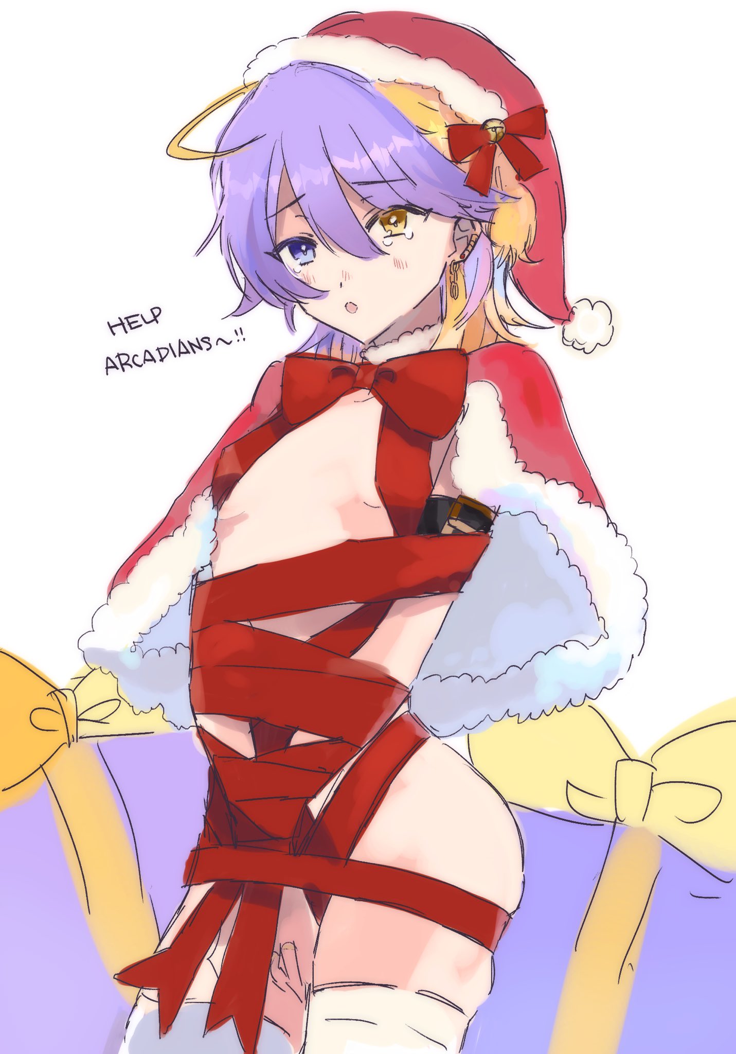 1boy arms_tied armwear ass ass aster_arcadia bare_ass bondage cape christmas_cape christmas_hat christmas_outfit christmas_present dual_colored_hair femboy heterochromia legwear looking_at_viewer nijisanji nijisanji_en no_underwear purple_hair ribbon ribbon_bondage ribbon_on_hat ribbons santa_hat side_butt solo solo_female solo_focus speech stockings talking talking_to_viewer thighhighs virtual_youtuber wrapped xpnkcm yellow_eyes