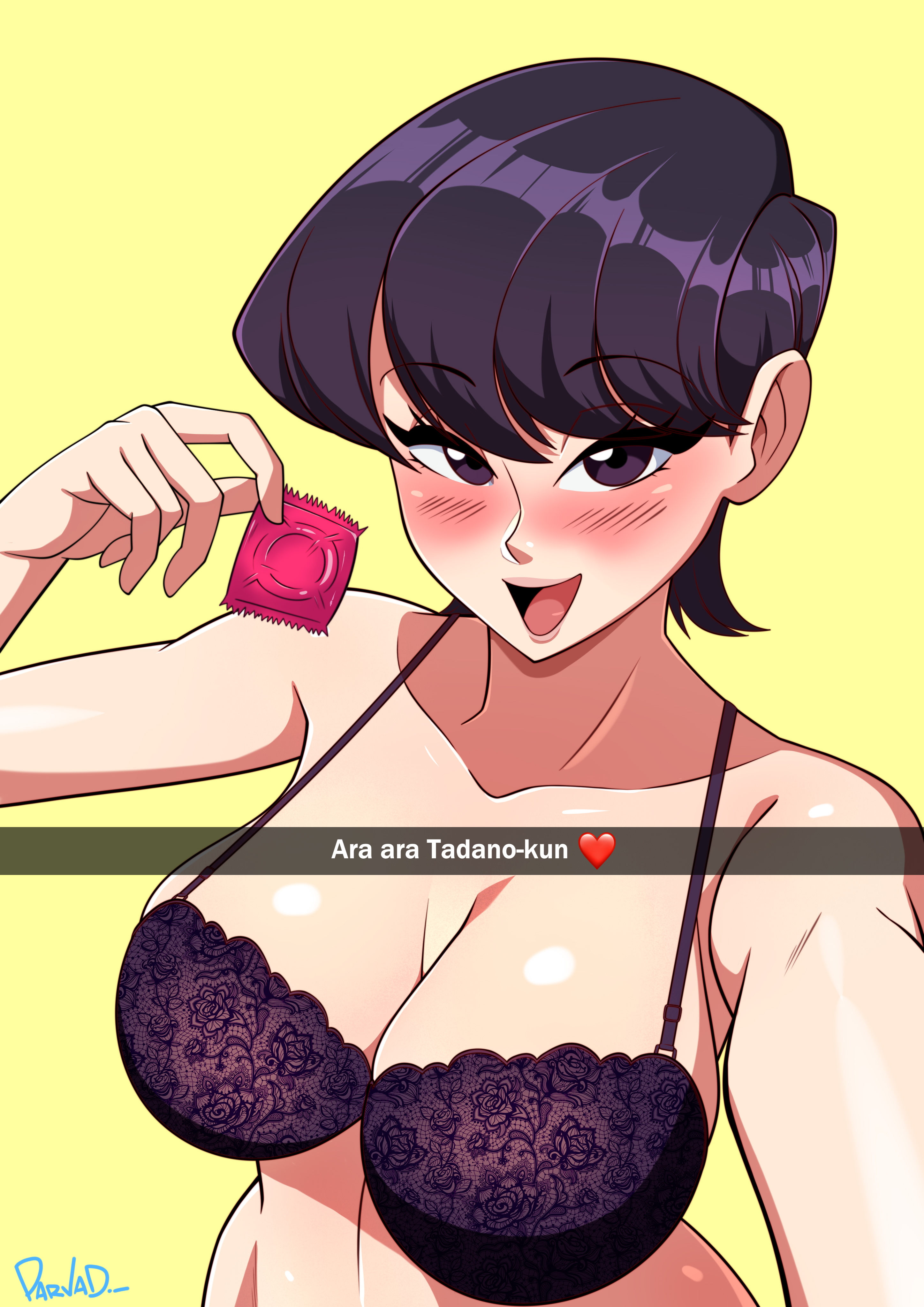1girls, 2022, 2d, 2d (artwork), asian, asian female, big breasts, blush, bra, breasts, cheating, condom, english text, eye contact, female, female only, inviting, inviting to fuck, japanese, japanese female, komi shuuko, komi-san wa komyushou desu, looking at viewer, mature female, milf, ntr, parvad, short hair, snapchat, solo, solo female, text, upper body