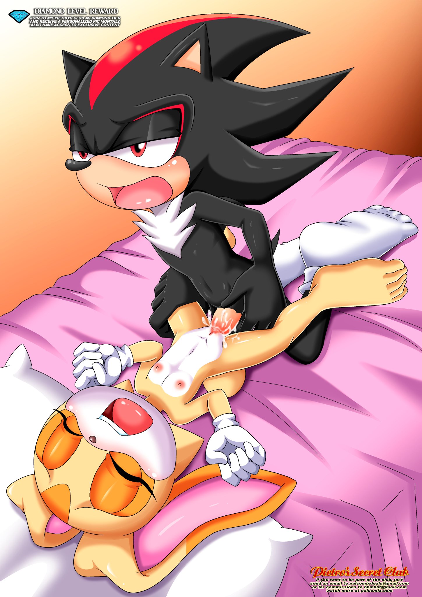 1boy, 1girls, barefoot, bbmbbf, big ears, black fur, breasts, closed eyes, cream the rabbit, cum, cum in pussy, cum inside, diamond level, feet, female, holding leg, humanoid feet, male, mobius unleashed, nipples, on bed, open mouth, palcomix, penetration, pietros secret club, pillow, pussy, sega, sex, shadow the hedgehog, small breasts, soles, sonic (series), sonic the hedgehog (series), toes, vaginal penetration