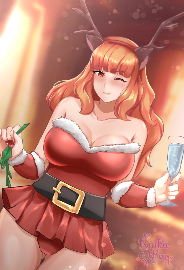 1girls antlers artist_name ass_visible_through_thighs belt blurry_background blush celica_(fire_emblem) champagne_glass christmas drink female female_only fire_emblem fire_emblem_echoes:_shadows_of_valentia fully_clothed fur fur_trim intelligent_systems large_breasts licking licking_lips looking_at_viewer mistletoe nintendo orange_eyes orange_hair panties pantyshot pantyshot_(standing) red_panties reindeer_antlers rinku_bny santa_costume solo underwear upskirt watermark