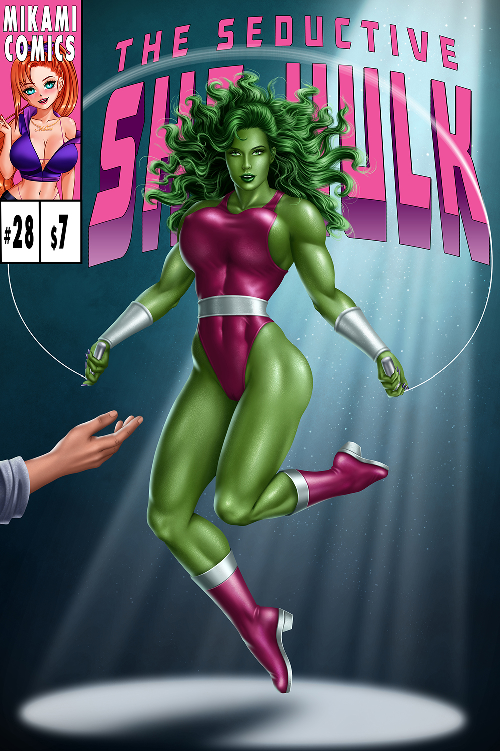 1girls alternate_version_available big_breasts boots bracers busty clothed digital_media_(artwork) female female_only green-skinned_female green_body green_eyes green_hair green_skin highleg_leotard hips huge_breasts hulk_(series) jump_rope large_breasts leotard long_hair marvel marvel_comics mikamipinup muscle_girl muscular muscular_female muscular_thighs painted_nails pinup she-hulk solo superhero superheroine thick_thighs thighs toned toned_female