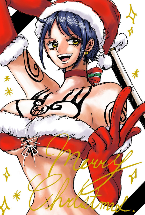 accurate_art_style big_breasts black_hair canon_genderswap chest_tattoo choker christmas christmas_outfit color earrings elbow_gloves female female_only genderswap_(mtf) merry_christmas namnam_op one_piece open_mouth rule_63 santa_costume santa_hat shiku_shiku_no_mi shounen_jump smile solo sword tattoo trafalgar_law trafalgar_law_(female)