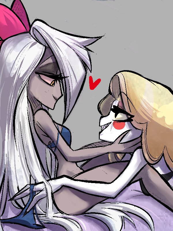 2020, 2demons, 2girls, before sex, bottomless, bra strap, charlie morningstar (hazbin hotel), color, curvy, digital drawing (artwork), digital media (artwork), female, female only, hazbin hotel, heart, long hair, looking at another, looking at partner, panties, pink ley, simple background, sitting, smile, strap slip, vaggie (hazbin hotel), vivienne medrano, white hair, yellow eyes, yuri