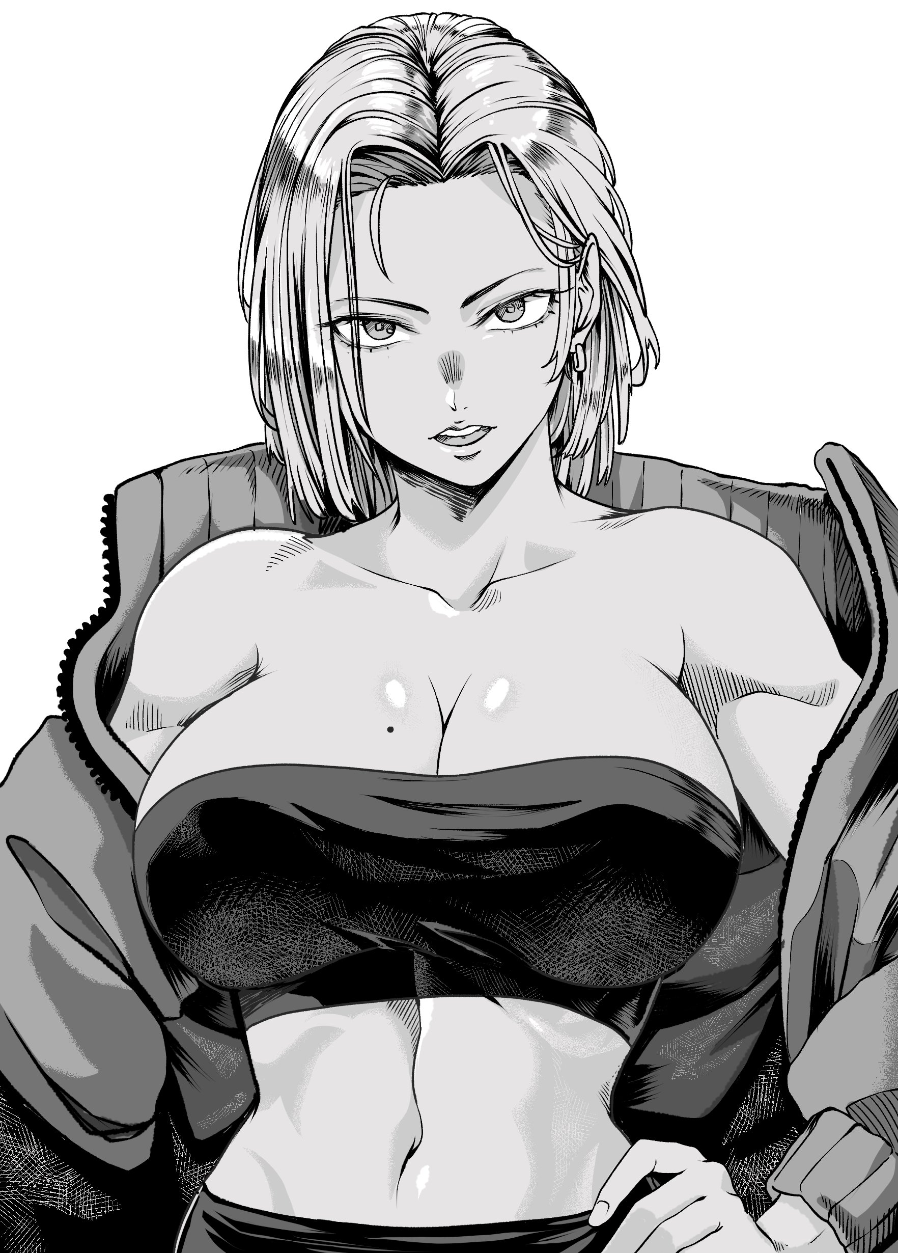 1girls, android 18, breasts, dragon ball, dragon ball z, female, female only, fully clothed, kerana art, large breasts, mole on breast, monochrome, open mouth, solo, top, wide hips