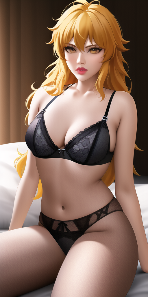 1girls adult_female ai_generated anime_lingerie arms_down bed black_lingerie blonde_hair curtains cushion female female_only hands_on_bed in_bed long_hair looking_at_viewer nai_diffusion pale-skinned_female pink_lipstick room rwby seductive_look sitting_on_bed solo solo_female solo_focus stable_diffusion tagme thick_body thick_thighs white_bed_sheet yang_xiao_long yellow_eyes