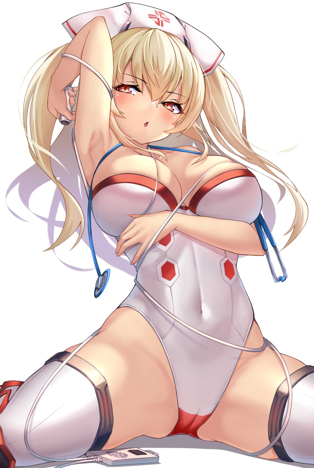 1girls :o arm_under_breasts arm_up armpits avatar_(pso2) bangs blonde_hair blush breast_press breasts breasts_out cameltoe cleavage commentary_request commission covered_navel female female female_only hair_between_eyes hat heart heart-shaped_pupils heart_tattoo highres holding large_breasts leotard long_hair looking_at_viewer numako_(pizza_kanon) nurse nurse_cap orange_eyes original parted_lips phantasy_star phantasy_star_online_2 pubic_tattoo red_eyes rikiddo_(tise_00) second-party_source sitting skeb_commission skin_tight skindentation solo spread_legs stethoscope strapless strapless_leotard symbol-shaped_pupils tattoo thighhighs thighs topless twintails underwear valgiris wariza white_background white_headwear white_leotard white_thighhighs