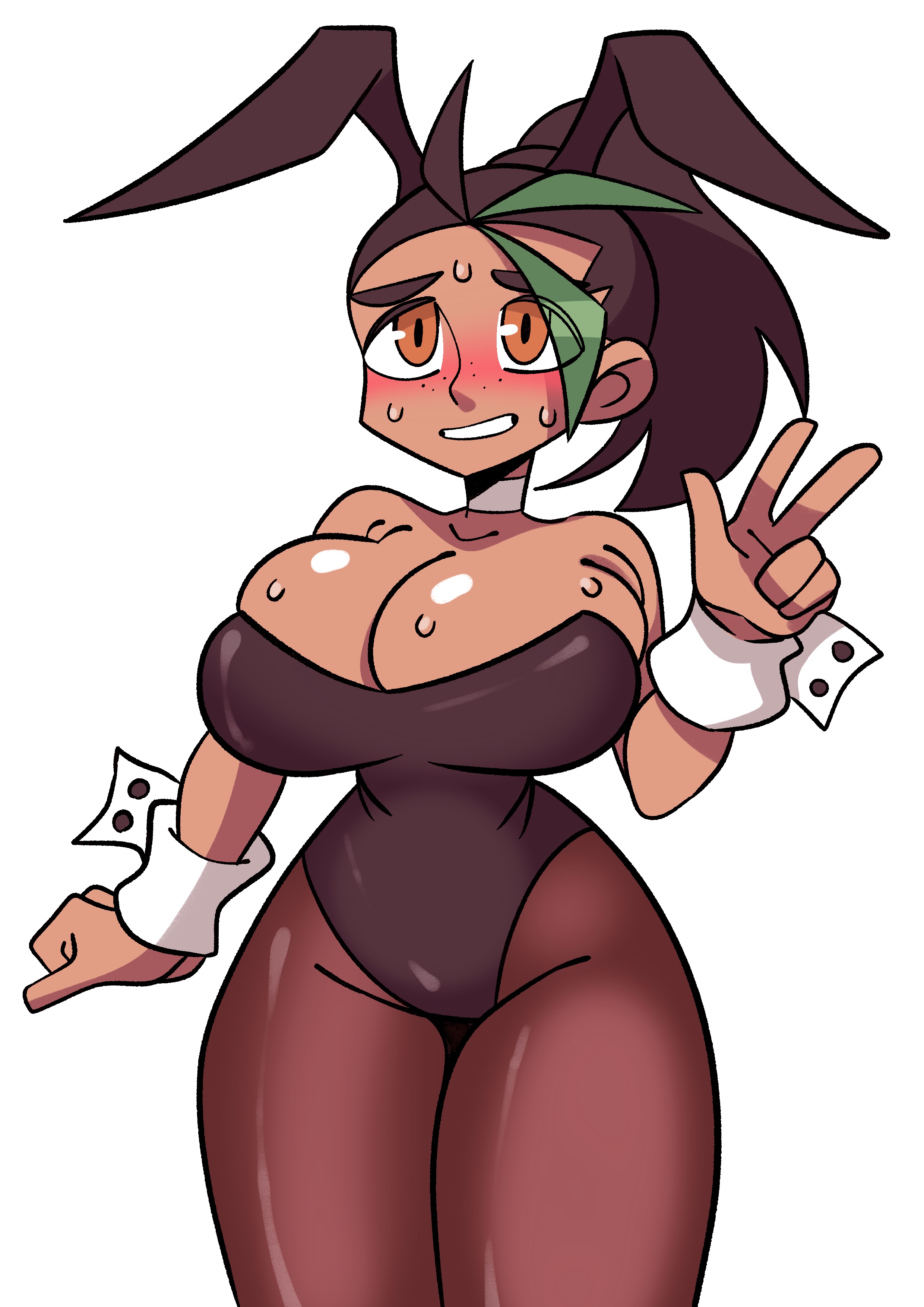 ass, big ass, big breasts, big butt, black hair, breasts, bunny ears, bunnysuit, female, female focus, female only, nemona (pokemon), no background, orange eyes, pokemon, pokemon sv, solo, tan body, tanned, tanned skin, thick, wide hips