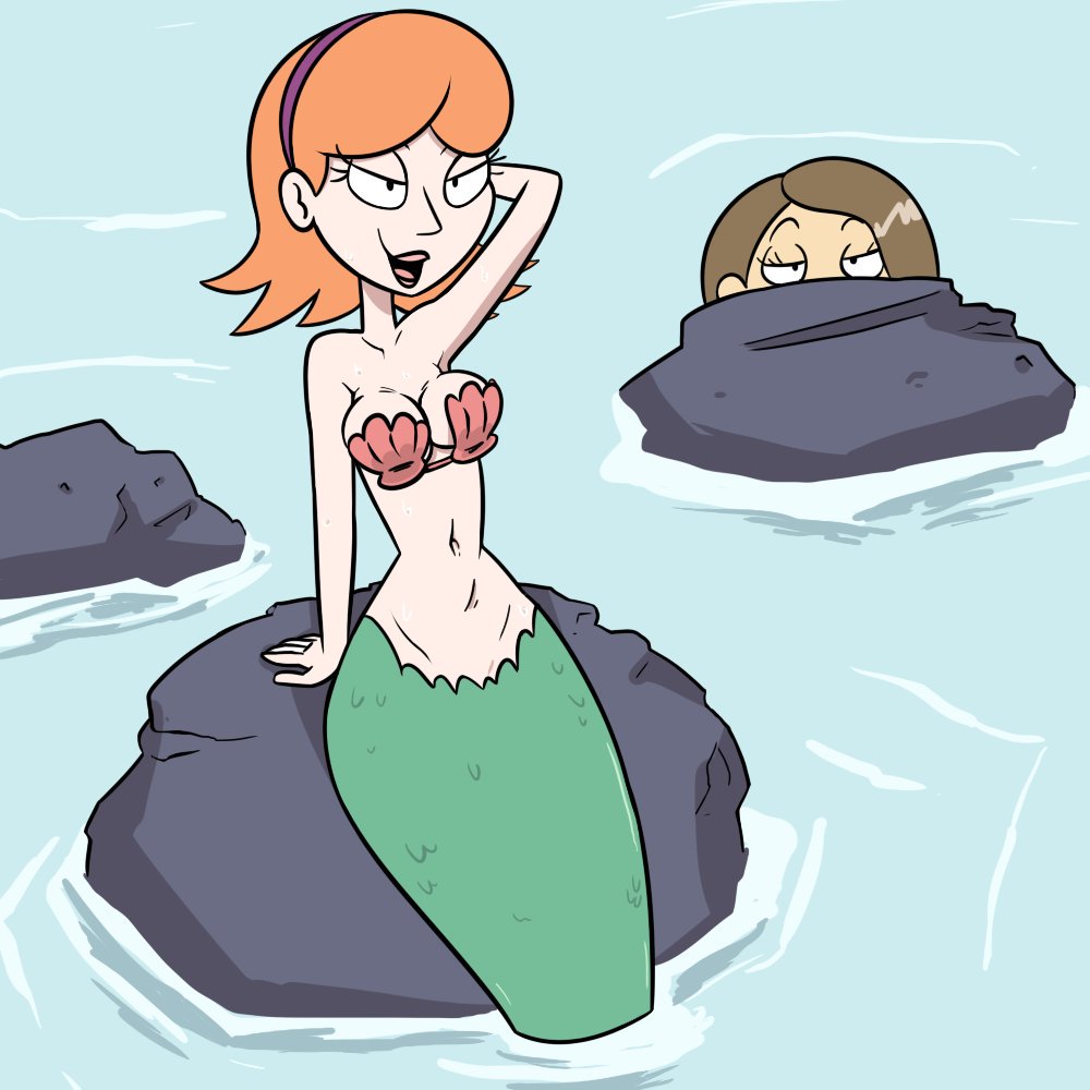 2girls areola areolae big_nipples breasts brown_hair female female_only jessica_(rick_and_morty) mermaid multiple_girls nipples orange_hair rick_and_morty rock terrible_the_drawfag tricia_lange water wide_hips