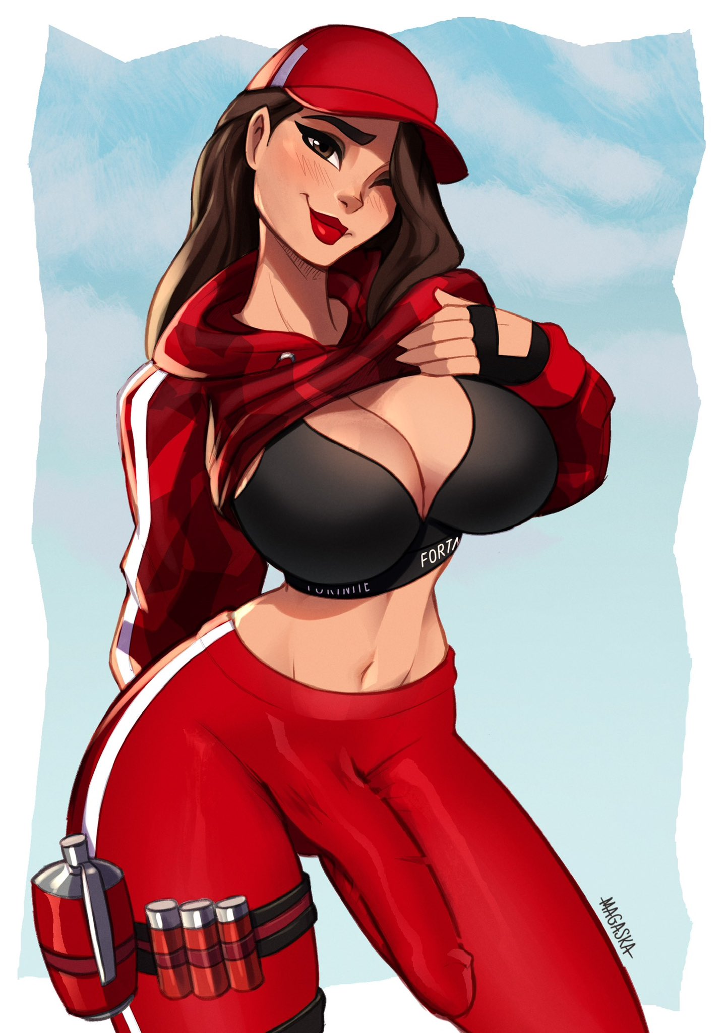 1futa, 2022, ass, balls, big ass, big breasts, big butt, big penis, breasts, brown hair, bulge, cleavage, clothed, clothing, dickgirl, erection, erection under clothes, fortnite, fortnite: battle royale, fully clothed, futa only, futanari, human, intersex, lifted shirt, light skin, light-skinned futa, long hair, long penis, magaska19, outline, penis, ruby (fortnite), smirk, solo, standing, thick thighs, wide hips