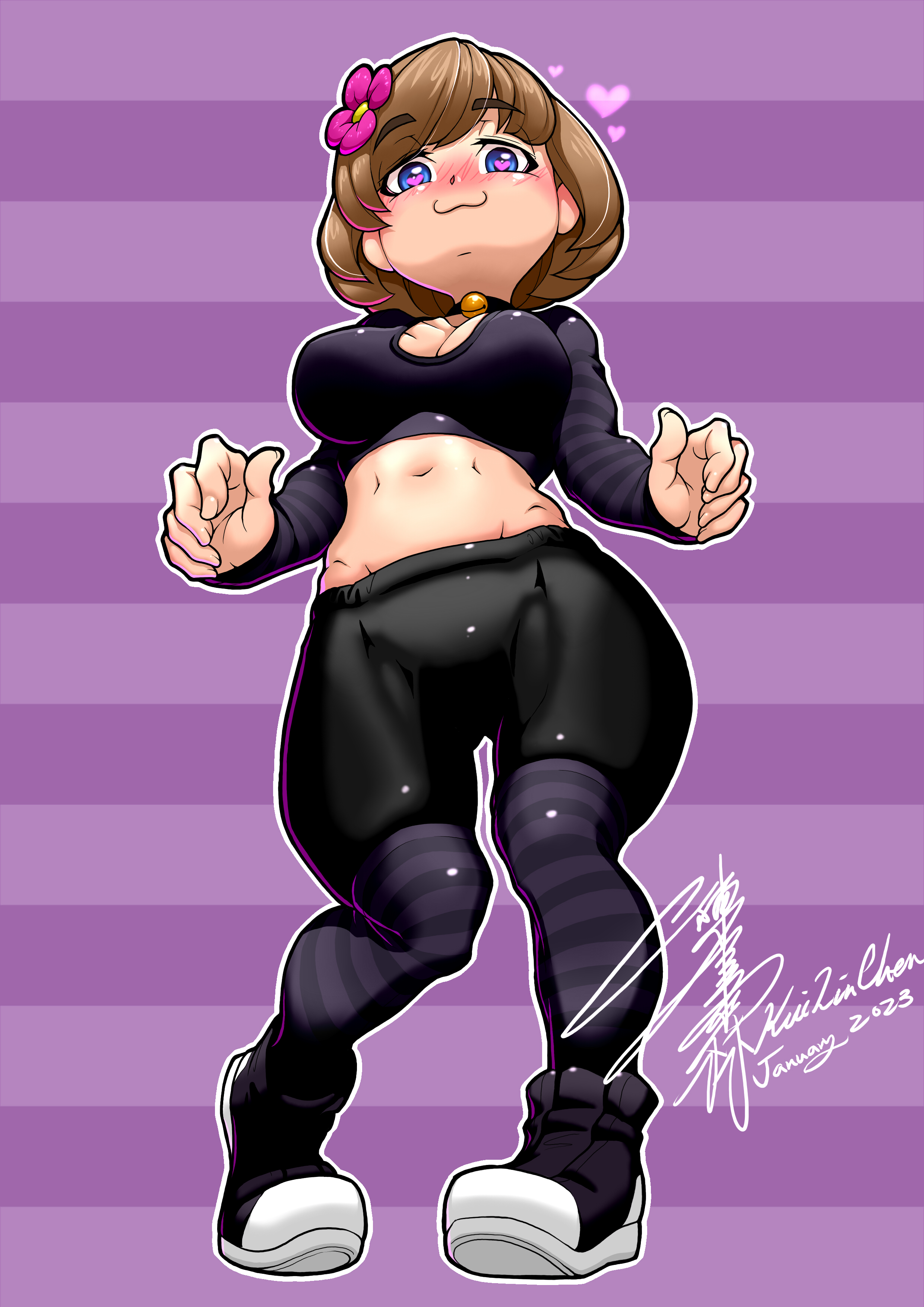 :3, 1girls, 2023, 2d, artist request, blue eyes, blush, brown hair, cleavage, clothed female, collar, exposed midriff, female, female only, flower in hair, heart-shaped pupils, horny female, human female, humanoid, jenny belle (slipperyt), light skin, light-skinned female, looking at viewer, looking down, looking down at viewer, minecraft, outside, pale skin, pale-skinned female, solo, tagme, watermark