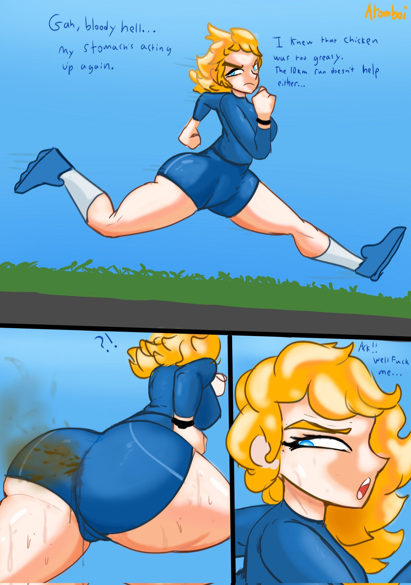 1girls adomo atomboi_(artist) blonde_hair emilia_(atomboi) fart fart_fetish running shart