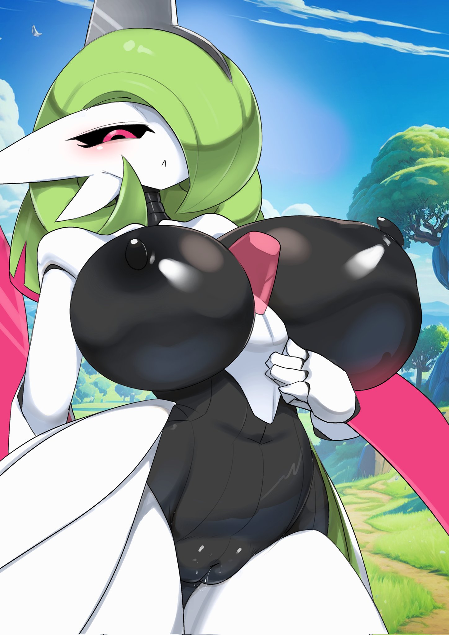 1girls, ashraely, breasts, busty, chest spike, female, female focus, female only, gardevoir, generation 9 pokemon, green hair, hair over one eye, huge breasts, iron valiant, looking at viewer, nintendo, nipples, paradox pokemon, pokémon (species), pokemon, pokemon (species), pokemon sv, pussy, red eyes, robot, robot girl, two-tone body, uncensored, voluptuous, wet pussy, white body