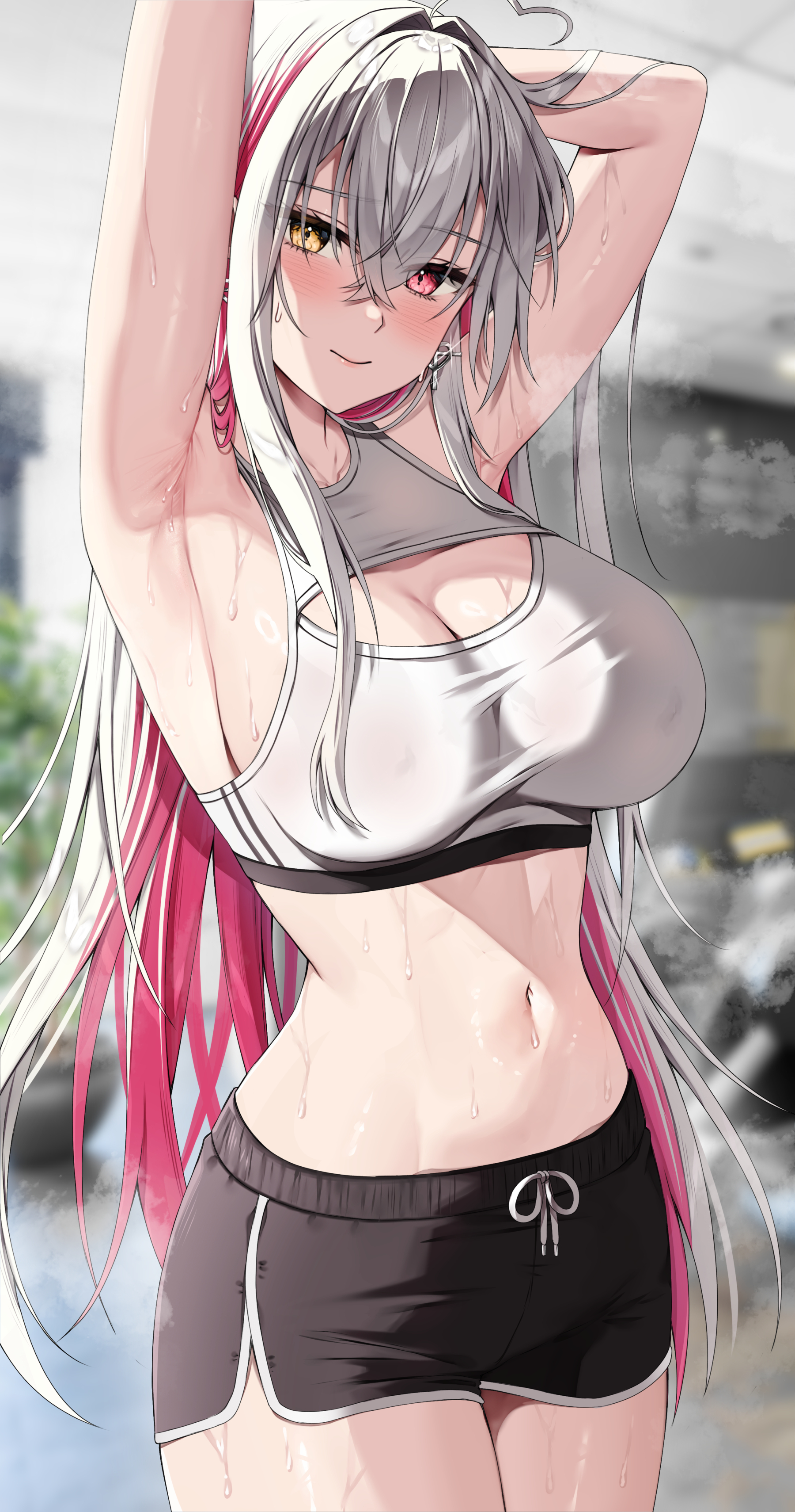 1girls, breasts, earrings, female, gym clothes, gym shorts, heterochromia, hi res, highlights (coloring), large breasts, long hair, looking at viewer, midriff, original, original character, shorts, sideboob, solo, sweat, sweaty body, vitaminechan, vivi (vitaminechan), white hair