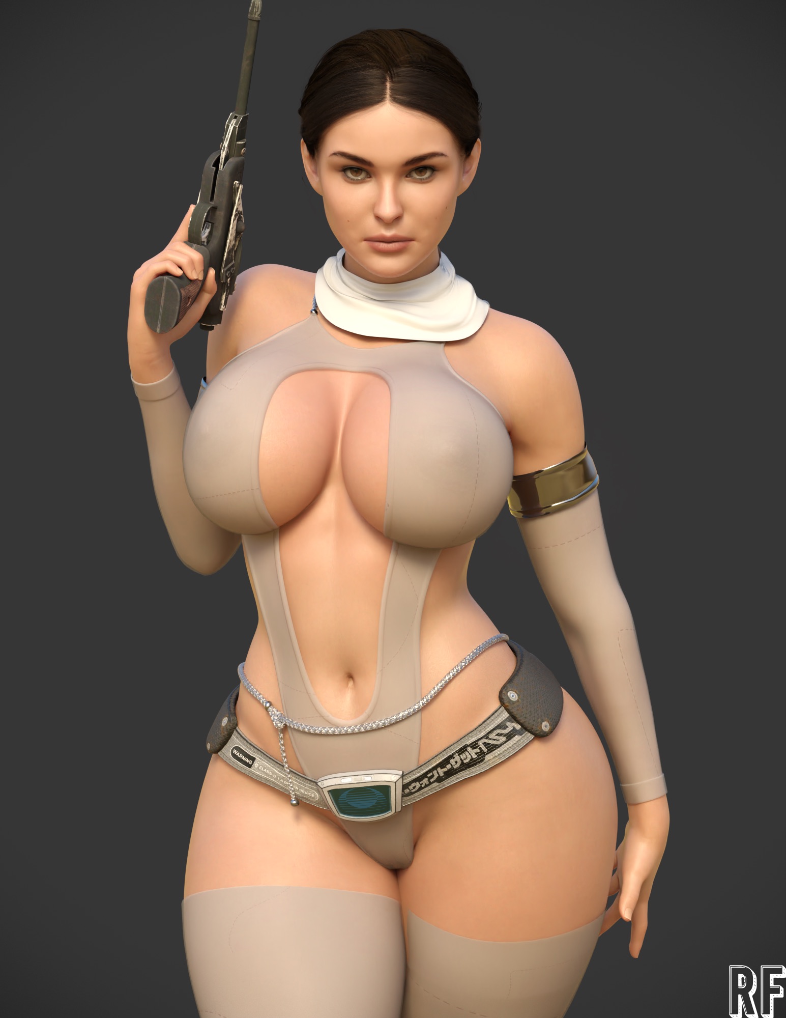 3d, big breasts, breasts, brown eyes, brown hair, female, female only, laser gun, looking at viewer, lucasfilm, milf, natalie portman, padme amidala, pistol, rude frog, solo female, star wars, stockings, thick thighs, translucent, translucent clothing, white legwear