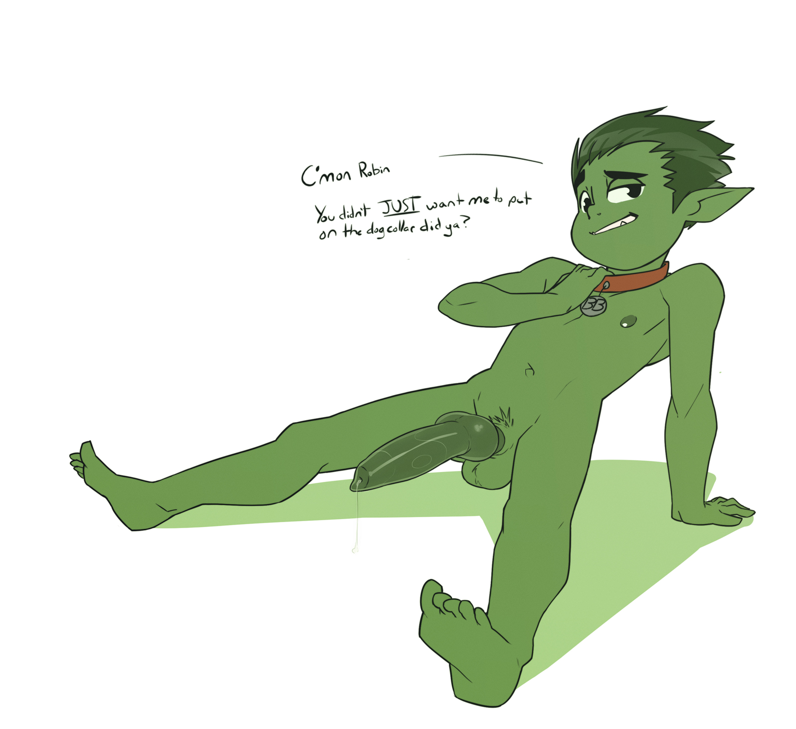animal genitalia, anonanim, balls, beast boy, boner, canine penis, collar, dc, dc comics, erection, garfield logan, gay, gay male, green body, green hair, green skin, human with animal genitalia, human with canine penis, knotted penis, male, male only, nude, penis, pointy ears, solo, solo male, teen titans, yaoi