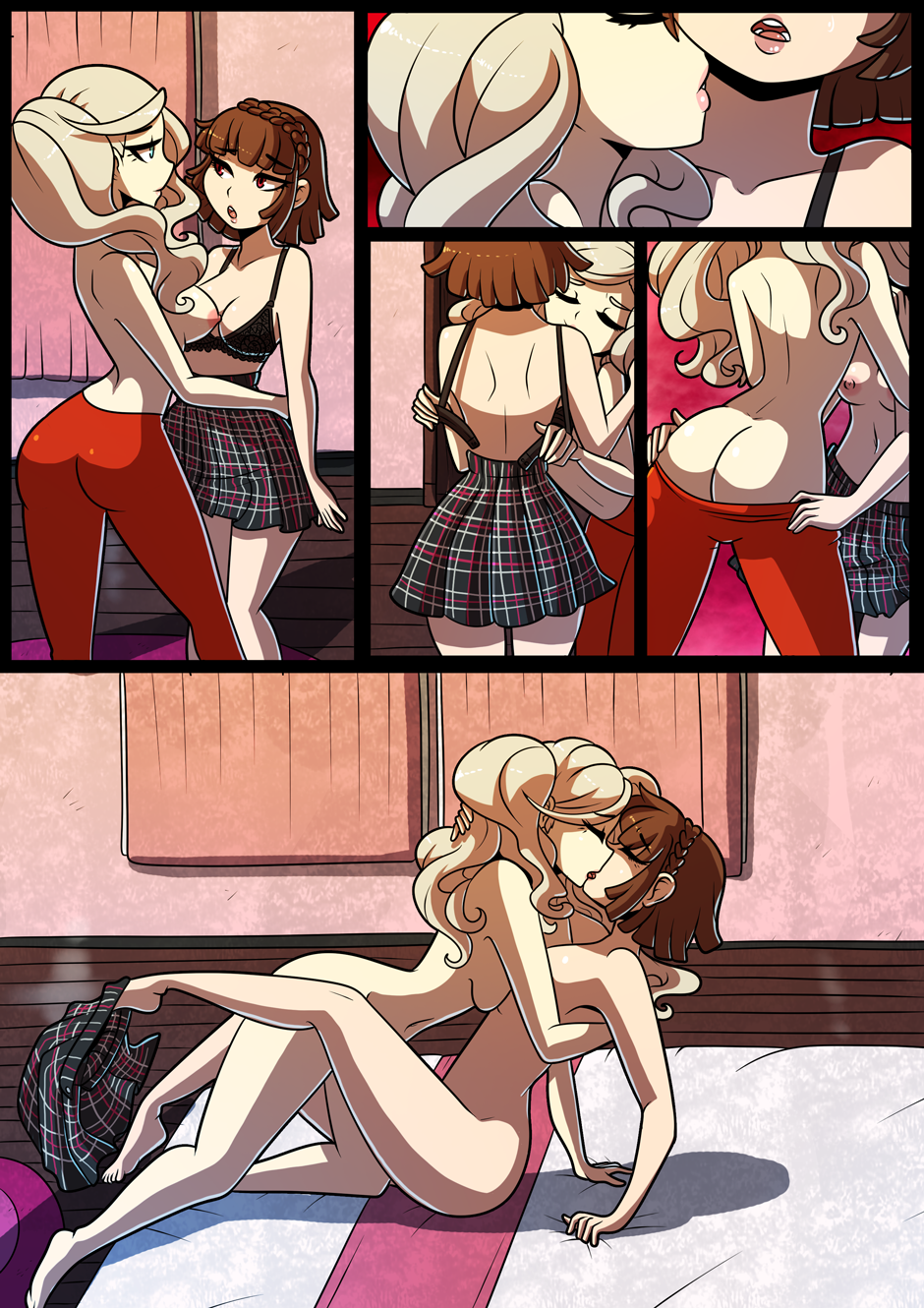 2girls, ann takamaki, ass, blonde hair, bra, breasts, brown hair, female, kinkymation, kissing, kissing neck, makoto niijima, multiple females, multiple girls, naked, partially clothed, persona, persona 5, red legwear, school uniform, skirt, symmetrical docking, undone bra, undressing, undressing another, unfastened, unhooked bra, yuri