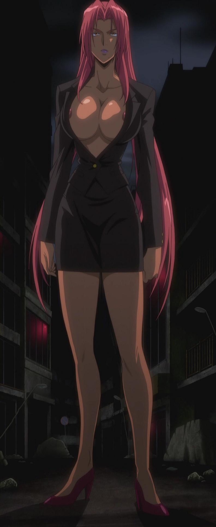 anime screencap, breasts, dark skin, dark-skinned female, demon, demon girl, female, high heels, ingrid (taimanin asagi), large breasts, lipstick, long hair, makai kishi ingrid, nipple slip, ova, stitched