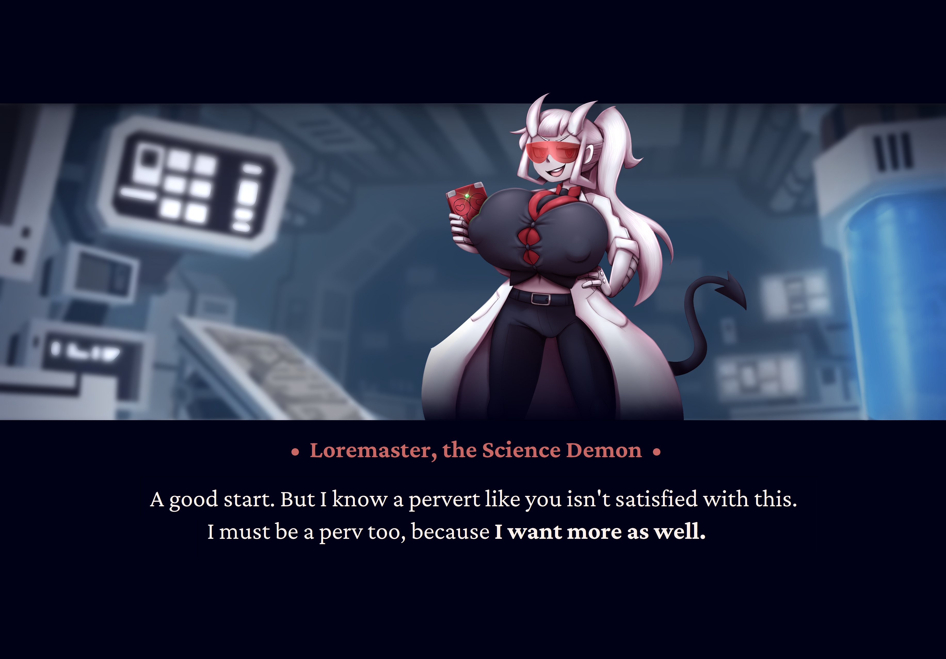 breast expansion, breast growth, breast growth (enlargement), breasts, enjoying, expansion, female, helltaker, hyper, hyper breasts, loremaster (helltaker), metachoke, talking to viewer, teasing, tinted eyewear, white hair