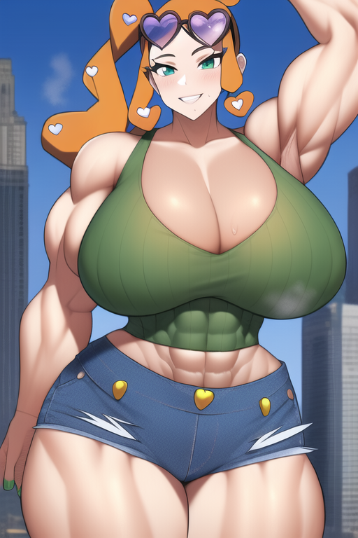 1girls abs ai_generated armpits arms_up bare_arms bare_legs bare_midriff bare_shoulders bare_thighs biceps blue_shorts blush breasts broad_shoulders city city_background cityscape cleavage crop_top day deep_cleavage denim denim_clothing denim_shorts dynamax eyewear eyewear_on_head game_freak giant giantess gigantic_breasts gigantic_thighs glasses glasses_on_head green_crop_top green_eyes green_nail_polish green_nails green_tank_top hair_ornament heart_glasses heart_hair_ornament horny horny_female huge_breasts huge_thighs large_breasts large_thighs long_hair looking_at_viewer looking_pleasured macro massive_breasts massive_thighs midriff midriff_baring_shirt muscle muscles muscular muscular_arms muscular_female muscular_legs muscular_thighs nai_diffusion nail_polish nails nintendo one_arm_up orange_hair pokemon pokemon_ss ribbed_shirt seducing seduction seductive seductive_eyes seductive_gaze seductive_look seductive_mouth seductive_pose seductive_smile short_shorts shorts shredded side_ponytail size_difference sonia_(pokemon) stable_diffusion steam steaming_body sweat sweatdrop sweating sweaty sweaty_body sweaty_breasts tank_top teeth teeth_showing teeth_visible thick_arms thick_thighs thighs top_heavy top_heavy_breasts voluptuous voluptuous_female wide_hips