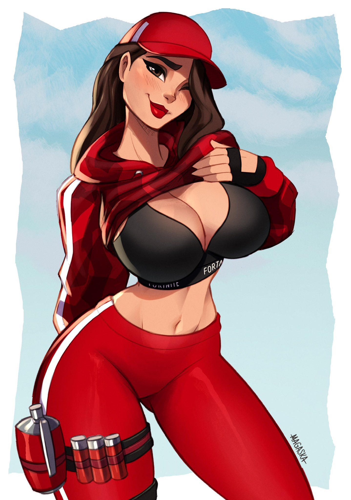 1girls, big breasts, black bra, bra, breasts, brown eyes, brown hair, cleavage, clothed, clothing, epic games, female, female only, fortnite, hat, jacket, magaska19, navel, ruby (fortnite), slim waist, smile, solo, standing, tease