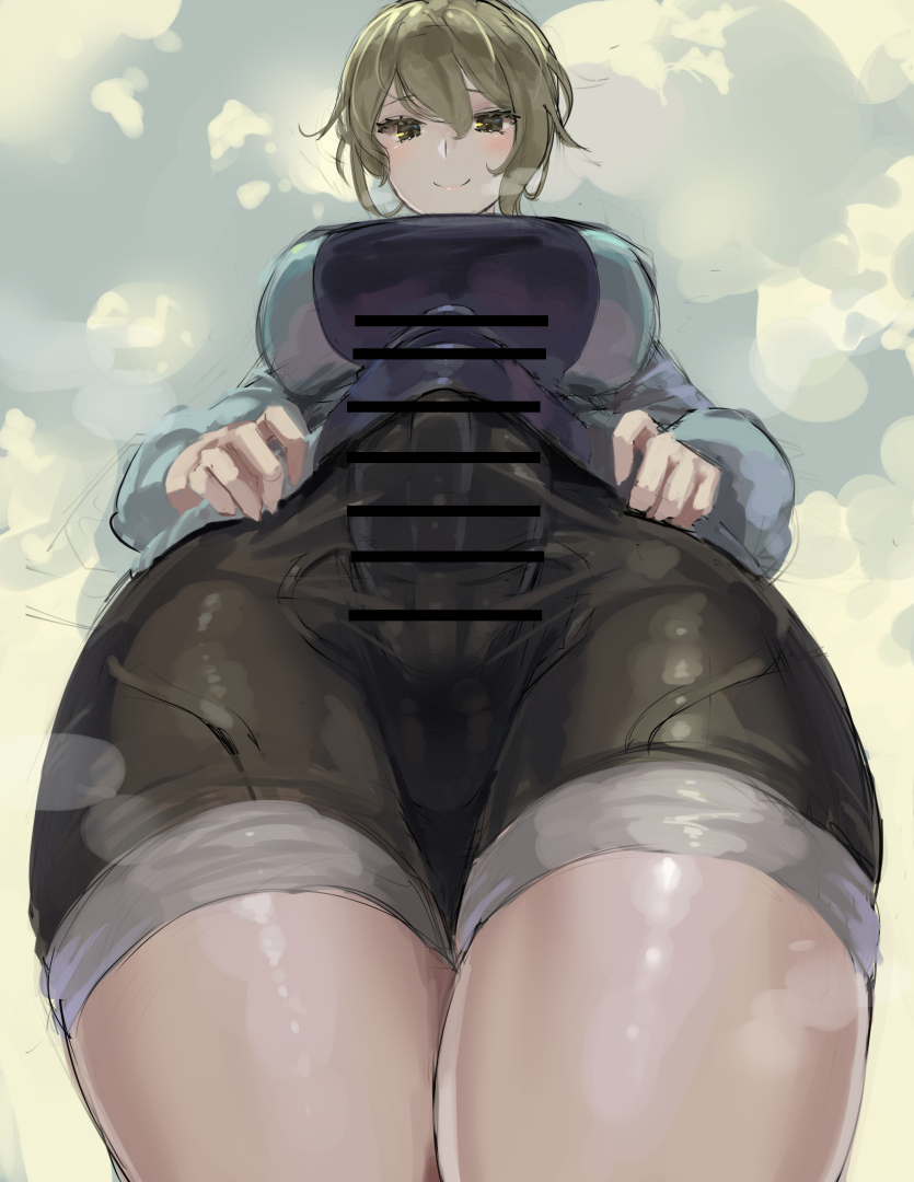1futa, 2022, balls, bar censor, big breasts, big penis, bike shorts, blonde hair, blush, breasts, brown eyes, bulge, bulge through clothing, censor bar, censored, clothed, clothing, erection, erection under clothes, from below, fully clothed, futa only, futa sans balls, futanari, green eyes, green hair, hood, hoodie, human, imminent fellatio, intersex, kazo, large breasts, large penis, light brown hair, light skin, light-skinned futa, looking at viewer, looking down at viewer, low-angle view, musk, musk clouds, musky balls, musky cock, original, original character, parka-chan (kazo), penis, penis under clothes, short hair, shorts, smile, solo, solo futa, standing, thick thighs, thighs, tight clothing, wide hips