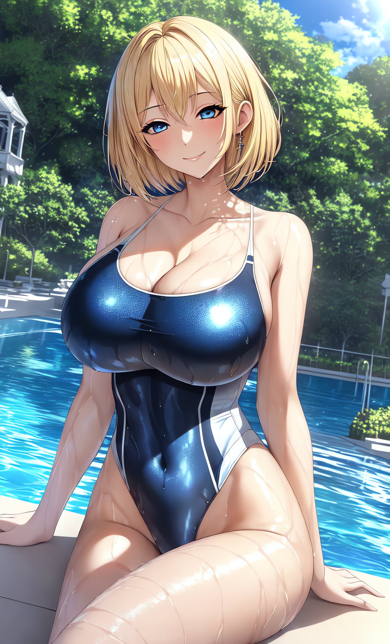 1girls, ai generated, big breasts, blonde hair, breasts, curvaceous, curvy female, female, highres, original, stable diffusion, swimsuit, tagme, wet clothes, wet skin, yellow hair
