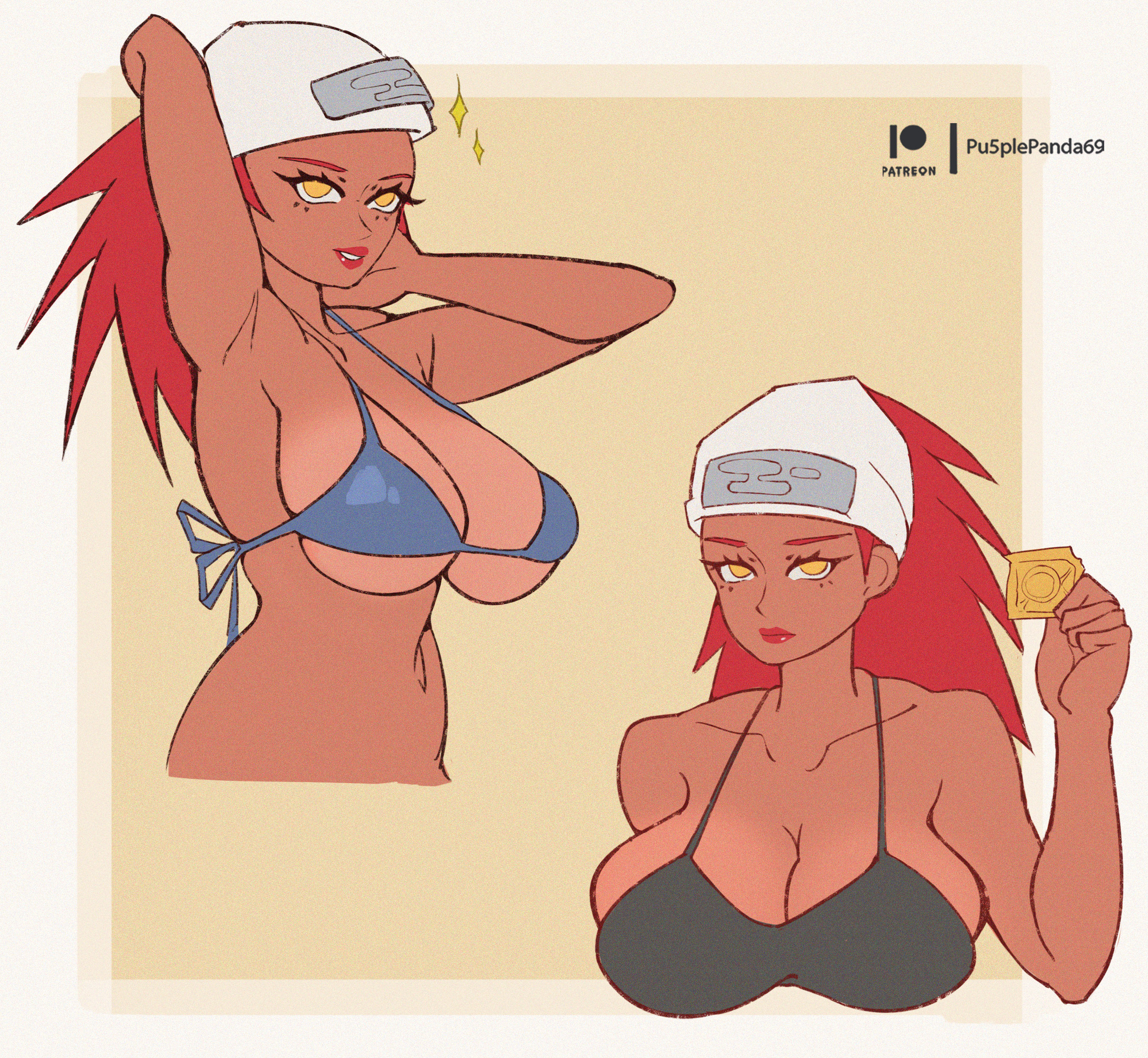 1girls, bandana, bare shoulders, bikini, bikini top, condom, dark skin, dark-skinned female, female, female only, headband, holding object, karui, kumogakure symbol, lipstick, long hair, looking at viewer, makeup, naruto, naruto (series), naruto shippuden, offering, offering to viewer, pu5plepanda69, red hair, solo, upper body, yellow eyes