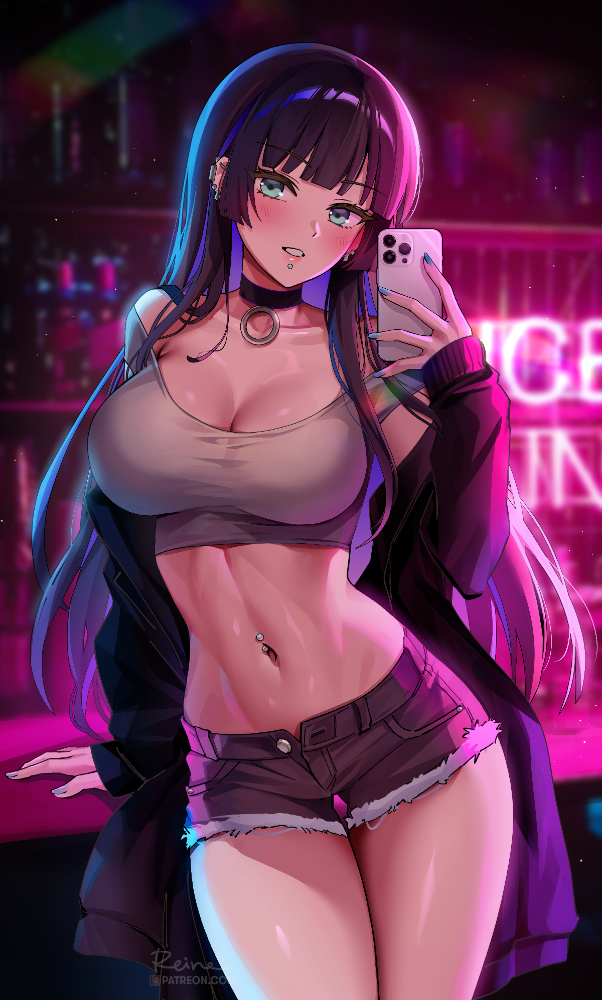 1girls, aqua eyes, belly button piercing, black hair, blue nails, blush, bocchi the rock!, booty shorts, breasts, choker, crop top, facial piercing, female, foxy rain (foxyreine), foxyrain (foxyreine), foxyreine, holding object, large breasts, light skin, light-skinned female, long hair, nail polish, navel piercing, pa-san, phone, selfie, short shorts, shorts, slim waist, smile, thick thighs