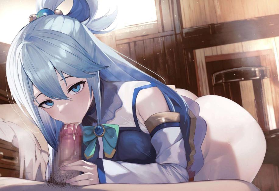 1boy 1girls aqua_(konosuba) blowjob blowjob_face clothed fellatio female kono_subarashii_sekai_ni_shukufuku_wo! looking_at_viewer male penis pubes pubic_hair suujiniku