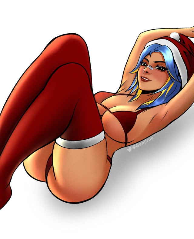 bikini, bikini bottom, bikini top, christmas, christmas hat, christmas headwear, female, genjiruu, laying down, neon (valorant), solo, thighhighs, valorant