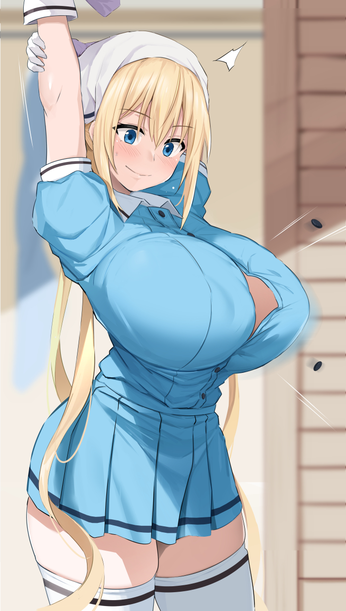 1girls, arms up, blend s, blush, breasts, button pop, cleavage, female, female only, hinata kaho, huge breasts, noripachi, solo, stretching, wardrobe malfunction, yellow hair